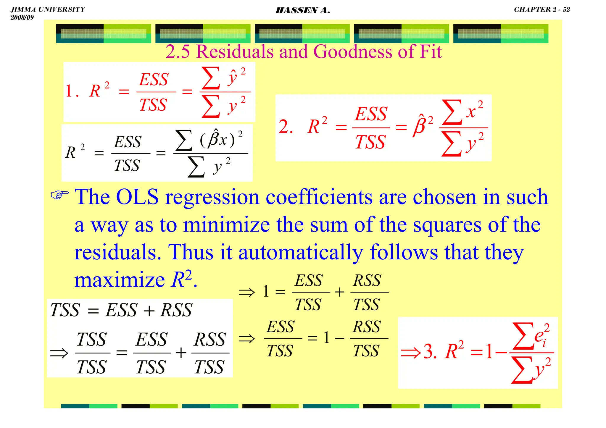 HASSEN ABDA
52
2.5 Residuals and Goodness of Fit
 The OLS regression coefficients are chosen in such
a way as to minimize the sum of the squares of the
residuals. Thus it automatically follows that they
maximize R2.
∑
∑
=
= 2
2
2
ˆ
.
1
y
y
TSS
ESS
R
TSS
RSS
TSS
ESS
TSS
TSS
RSS
ESS
TSS
+
=
⇒
+
=
∑
∑
−
=
⇒ 2
2
2
1
.
3
y
e
R
i
∑
∑
=
= 2
2
2
)
ˆ
(
y
x
TSS
ESS
R
β
∑
∑
=
= 2
2
2
2 ˆ
.
2
y
x
TSS
ESS
R β
TSS
RSS
TSS
ESS
TSS
RSS
TSS
ESS
−
=
⇒
+
=
⇒
1
1
JIMMA UNIVERSITY
2008/09
CHAPTER 2 - 52
HASSEN A.
 