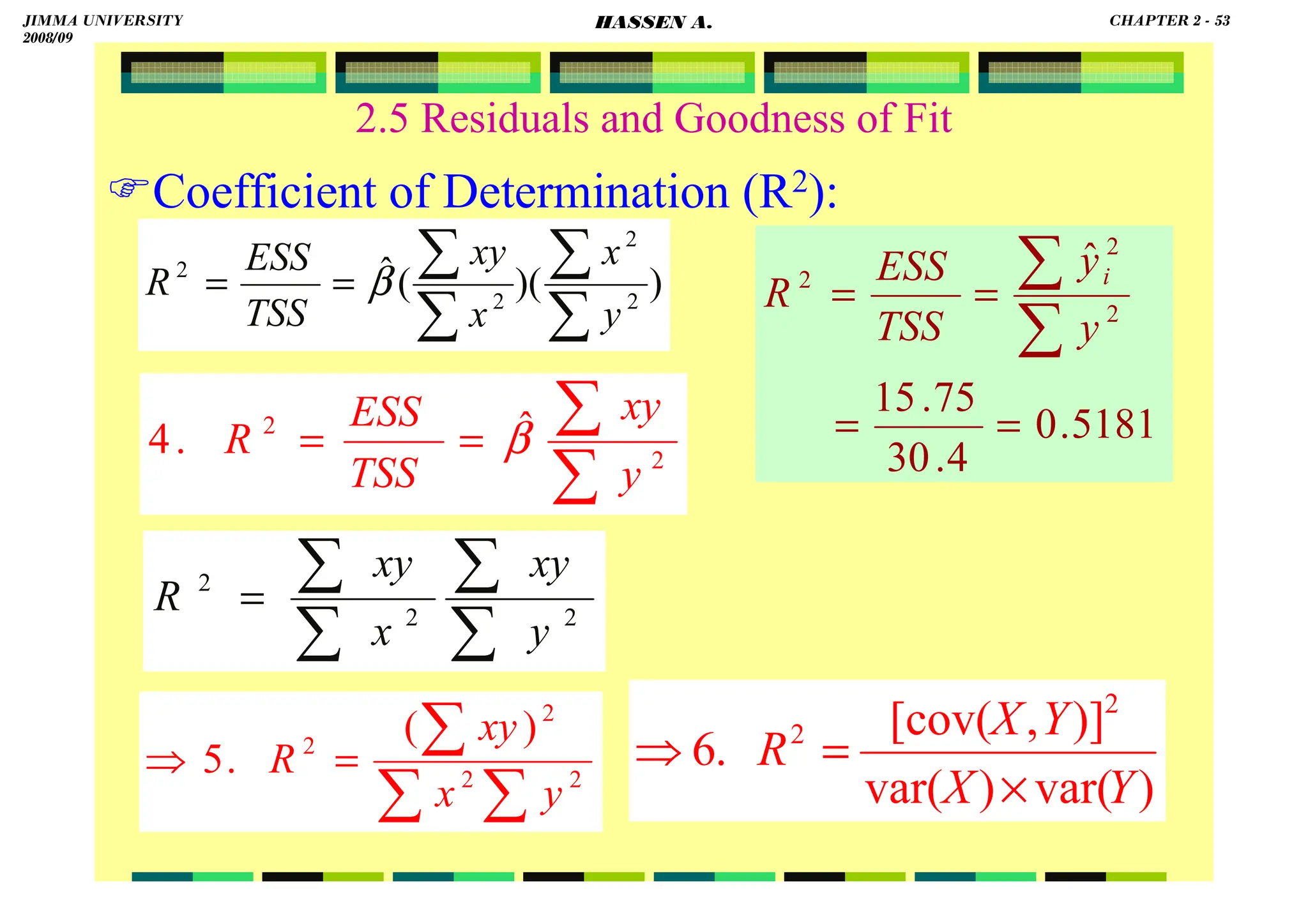 HASSEN ABDA
2.5 Residuals and Goodness of Fit
Coefficient of Determination (R2):
∑
∑
∑
∑
= 2
2
2
y
xy
x
xy
R
∑ ∑
∑
=
⇒ 2
2
2
2
)
(
.
5
y
x
xy
R
)
)(
(
ˆ
2
2
2
2
∑
∑
∑
∑
=
=
y
x
x
xy
TSS
ESS
R β
∑
∑
=
= 2
2 ˆ
.
4
y
xy
TSS
ESS
R β
)
var(
)
var(
)]
,
[cov(
.
6
2
2
Y
X
Y
X
R
×
=
⇒
5181
.
0
4
.
30
75
.
15
ˆ
2
2
2
=
=
=
=
∑
∑
y
y
TSS
ESS
R
i
JIMMA UNIVERSITY
2008/09
CHAPTER 2 - 53
HASSEN A.
 