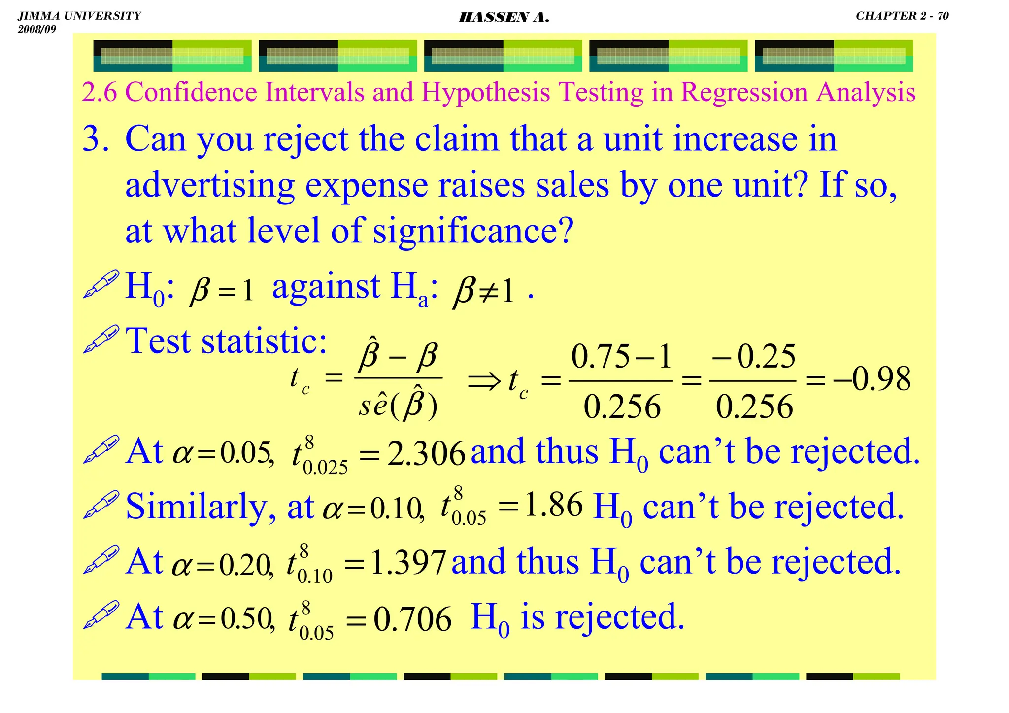 HASSEN ABDA
2.6 Confidence Intervals and Hypothesis Testing in Regression Analysis
3. Can you reject the claim that a unit increase in
advertising expense raises sales by one unit? If so,
at what level of significance?
H0: against Ha: .
Test statistic:
At and thus H0 can’t be rejected.
Similarly, at H0 can’t be rejected.
At and thus H0 can’t be rejected.
At H0 is rejected.
1
=
β 1
≠
β
,
05
.
0
=
α
)
ˆ
(
ˆ
ˆ
β
β
β
e
s
tc
−
= 98
.
0
256
.
0
25
.
0
256
.
0
1
75
.
0
−
=
−
=
−
=
⇒ c
t
306
.
2
8
025
.
0 =
t
,
10
.
0
=
α 86
.
1
8
05
.
0 =
t
,
20
.
0
=
α 397
.
1
8
10
.
0 =
t
,
50
.
0
=
α 706
.
0
8
05
.
0 =
t
JIMMA UNIVERSITY
2008/09
CHAPTER 2 - 70
HASSEN A.
 