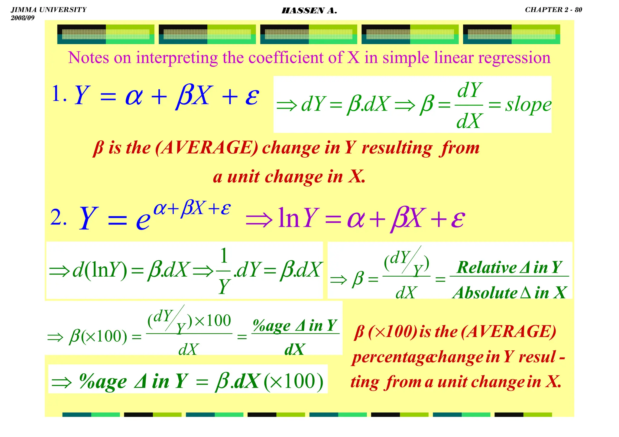 HASSEN ABDA
Notes on interpreting the coefficient of X in simple linear regression
1.
2.
ε
β
α +
+
= X
Y slope
dX
dY
dX
dY =
=
⇒
=
⇒ β
β.
ε
β
α +
+
= X
e
Y ε
β
α +
+
=
⇒ X
Y
ln
X.
in
change
unit
a
from
resulting
Y
in
change
(AVERAGE)
the
is
β
dX
dY
Y
dX
Y
d .
.
1
.
)
(ln β
β =
⇒
=
⇒
X.
in
change
unit
a
from
ting
-
resul
Y
in
change
percentage
(AVERAGE)
the
is
100)
(
β ×
)
100
(
. ×
=
⇒ dX
Y
in
∆
%age β
X
in
Absolute
Y
in
∆
Relative
∆
=
=
⇒
dX
Y
dY )
(
β
dX
Y
in
∆
%age
=
×
=
×
⇒
dX
Y
dY 100
)
(
)
100
(
β
JIMMA UNIVERSITY
2008/09
CHAPTER 2 - 80
HASSEN A.
 