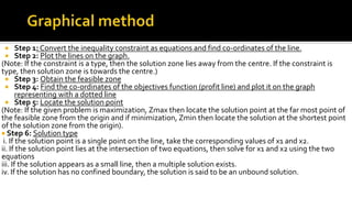  Step 1: Convert the inequality constraint as equations and find co-ordinates of the line.
 Step 2: Plot the lines on the graph.
(Note: If the constraint is a type, then the solution zone lies away from the centre. If the constraint is
type, then solution zone is towards the centre.)
 Step 3: Obtain the feasible zone
 Step 4: Find the co-ordinates of the objectives function (profit line) and plot it on the graph
representing with a dotted line
 Step 5: Locate the solution point
(Note: If the given problem is maximization, Zmax then locate the solution point at the far most point of
the feasible zone from the origin and if minimization, Zmin then locate the solution at the shortest point
of the solution zone from the origin).
 Step 6: Solution type
i. If the solution point is a single point on the line, take the corresponding values of x1 and x2.
ii. If the solution point lies at the intersection of two equations, then solve for x1 and x2 using the two
equations
iii. If the solution appears as a small line, then a multiple solution exists.
iv. If the solution has no confined boundary, the solution is said to be an unbound solution.
 