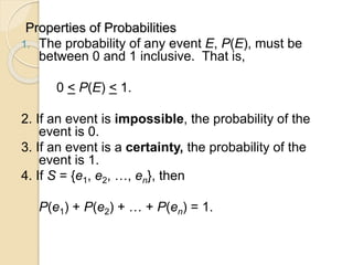 Properties of Probabilities
1. The probability of any event E, P(E), must be
between 0 and 1 inclusive. That is,
0 < P(E) < 1.
2. If an event is impossible, the probability of the
event is 0.
3. If an event is a certainty, the probability of the
event is 1.
4. If S = {e1, e2, …, en}, then
P(e1) + P(e2) + … + P(en) = 1.
 