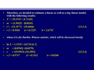 • Therefore, we decided to estimate a linear as well as a log–linear model,Therefore, we decided to estimate a linear as well as a log–linear model,
with the following results:with the following results:
• YˆYˆtt = 29.5192 + 0.7136X= 29.5192 + 0.7136Xtt
• se = (1.9423) (0.0241)se = (1.9423) (0.0241)
• t = (15.1977) (29.6066)t = (15.1977) (29.6066) (12.5.1)(12.5.1)
• r 2 = 0.9584 d = 0.1229 ˆσ = 2.6755r 2 = 0.9584 d = 0.1229 ˆσ = 2.6755
• wherewhere d is the Durbin–Watson statistic, which will be discussed shortly.d is the Durbin–Watson statistic, which will be discussed shortly.
• lnln YYtt = 1.5239 + 0.6716 ln X= 1.5239 + 0.6716 ln Xtt
• se = (0.0762) (0.0175)se = (0.0762) (0.0175)
• t = (19.9945) (38.2892)t = (19.9945) (38.2892) (12.5.2)(12.5.2)
• r 2 = 0.9747 d = 0.1542 ˆσ = 0.0260r 2 = 0.9747 d = 0.1542 ˆσ = 0.0260
 