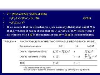 • F = (MSS of ESS) / (MSS of RSS)
• = βˆ2
2 ΣΣ x2
i / (ΣΣ uˆ2
i / (n− 2)) (5.9.1)
• = βˆ2
2 ΣΣ x2
i / σˆ2
• If we assume that the disturbances ui are normally distributed, and if H0 is
that β2 = 0, then it can be shown that the F variable of (5.9.1) follows the F
distribution with 1 df in the numerator and (n − 2) df in the denominator.
 
