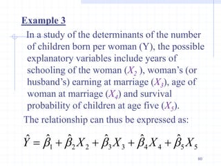 Example 3
In a study of the determinants of the number
of children born per woman (Y), the possible
explanatory variables include years of
schooling of the woman (X2 ), woman’s (or
husband’s) earning at marriage (X3), age of
woman at marriage (X4) and survival
probability of children at age five (X5).
The relationship can thus be expressed as:
5
5
4
4
3
3
2
2
1
ˆ
ˆ
ˆ
ˆ
ˆ
ˆ X
X
X
X
Y b
b
b
b
b 




80
 