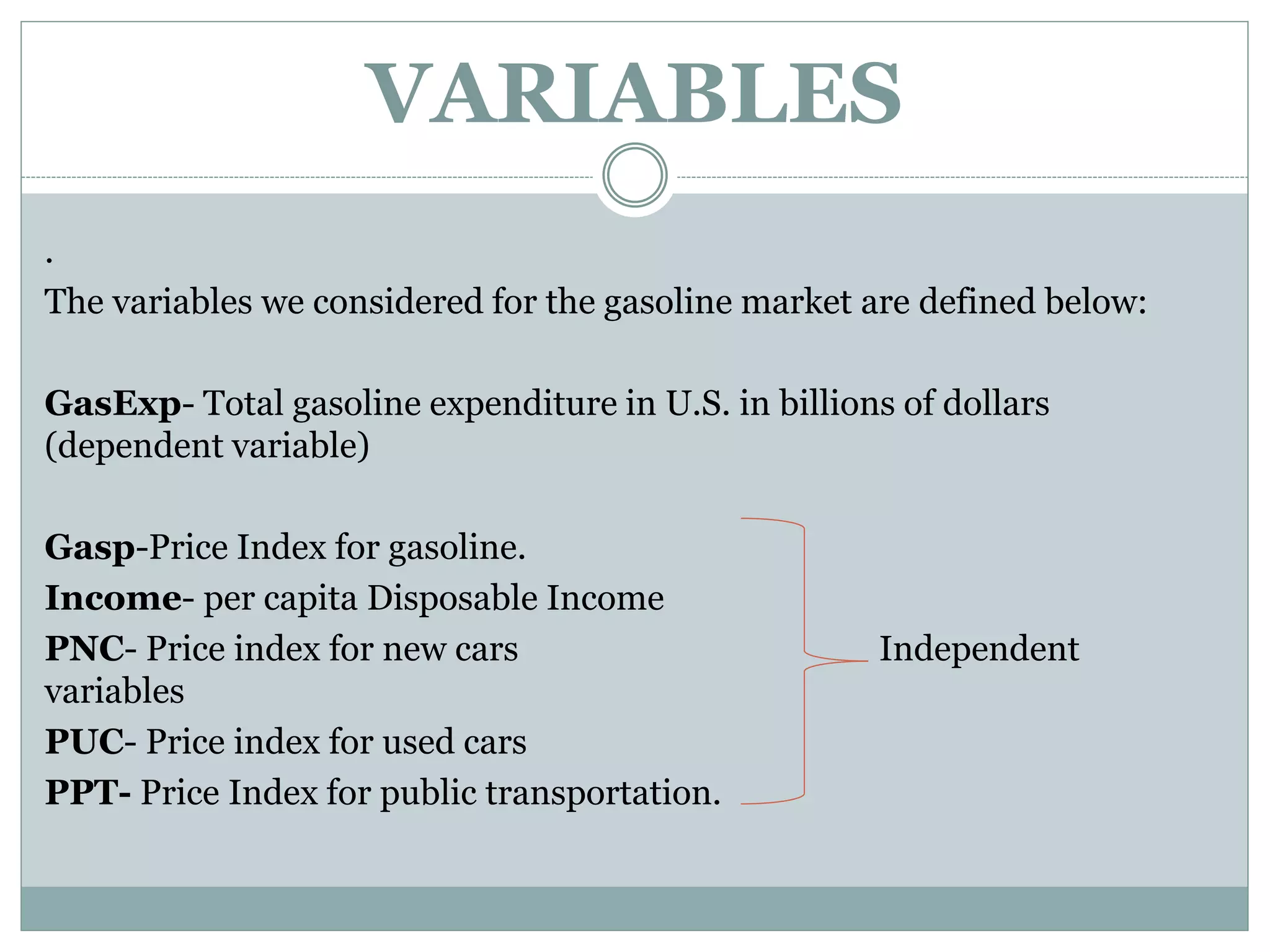 VARIABLES
.
The variables we considered for the gasoline market are defined below:
GasExp- Total gasoline expenditure in U.S. in billions of dollars
(dependent variable)
Gasp-Price Index for gasoline.
Income- per capita Disposable Income
PNC- Price index for new cars Independent
variables
PUC- Price index for used cars
PPT- Price Index for public transportation.
 