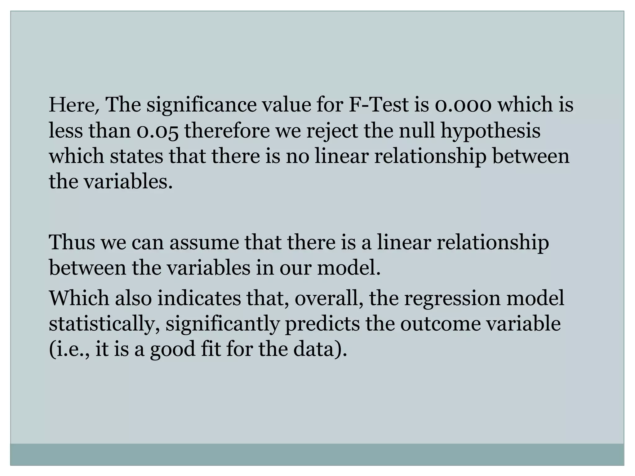 Here, The significance value for F-Test is 0.000 which is
less than 0.05 therefore we reject the null hypothesis
which states that there is no linear relationship between
the variables.
Thus we can assume that there is a linear relationship
between the variables in our model.
Which also indicates that, overall, the regression model
statistically, significantly predicts the outcome variable
(i.e., it is a good fit for the data).
 