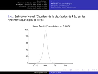 Dé…nition statistique de la
Méthodes d’
estimation de la
Risque de Portefeuille et
Limites de la

Introduction
Value-at-Risk
Value-at-Risk
Value-at-Risk
Value-at-Risk

Préambule
Méthodes non paramétriques
Méthodes paramétriques
Les Méthodes Semi-Paramétriques

Fig.: Estimateur Kernel (Gaussien) de la distribution de P&L sur les
rendements quotidiens du Nikkei
Kernel Density (Epanechnikov, h = 0.0015)
100

80

60

40

20

0
-0.02

0.00

Christophe Hurlin

0.02

Value-at-Risk

0.04

 