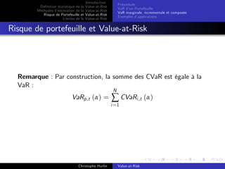Dé…nition statistique de la
Méthodes d’
estimation de la
Risque de Portefeuille et
Limites de la

Introduction
Value-at-Risk
Value-at-Risk
Value-at-Risk
Value-at-Risk

Préambule
VaR d’ Portefeuille
un
VaR marginale, incrementale et composée
Exemples d’
applications

Risque de portefeuille et Value-at-Risk

Remarque : Par construction, la somme des CVaR est égale à la
VaR :
N

VaRp,t (α) =

∑ CVaRi ,t (α)

i =1

Christophe Hurlin

Value-at-Risk

 