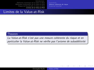 Dé…nition statistique de la
Méthodes d’
estimation de la
Risque de Portefeuille et
Limites de la

Introduction
Value-at-Risk
Value-at-Risk
Value-at-Risk
Value-at-Risk

Préambule
Mesure cohérente de risque
Expected shortfall

Limites de la Value-at-Risk

Theorem
La Value-at-Risk n’ pas une mesure cohérente du risque et en
est
particulier la Value-at-Risk ne véri…e pas l’
axiome de subadditivité

Christophe Hurlin

Value-at-Risk

 