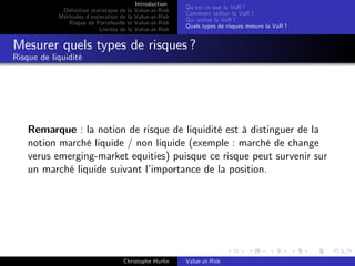 Dé…nition statistique de la
Méthodes d’
estimation de la
Risque de Portefeuille et
Limites de la

Introduction
Value-at-Risk
Value-at-Risk
Value-at-Risk
Value-at-Risk

Qu’ ce que la VaR ?
est
Comment utiliser la VaR ?
Qui utilise la VaR ?
Quels types de risques mesure la VaR ?

Mesurer quels types de risques ?
Risque de liquidité

Remarque : la notion de risque de liquidité est à distinguer de la
notion marché liquide / non liquide (exemple : marché de change
verus emerging-market equities) puisque ce risque peut survenir sur
un marché liquide suivant l’
importance de la position.

Christophe Hurlin

Value-at-Risk

 