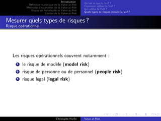 Dé…nition statistique de la
Méthodes d’
estimation de la
Risque de Portefeuille et
Limites de la

Introduction
Value-at-Risk
Value-at-Risk
Value-at-Risk
Value-at-Risk

Qu’ ce que la VaR ?
est
Comment utiliser la VaR ?
Qui utilise la VaR ?
Quels types de risques mesure la VaR ?

Mesurer quels types de risques ?
Risque opérationnel

Les risques opérationnels couvrent notamment :
1

le risque de modèle (model risk)

2

risque de personne ou de personnel (people risk)

3

risque légal (legal risk)

Christophe Hurlin

Value-at-Risk

 