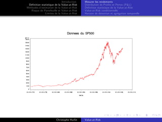 Dé…nition statistique de la
Méthodes d’
estimation de la
Risque de Portefeuille et
Limites de la

Introduction
Value-at-Risk
Value-at-Risk
Value-at-Risk
Value-at-Risk

Christophe Hurlin

Mesurer les rendements
Distribution de Pro…ts et Pertes (P&L)
Dé…nition statistique de la Value-at-Risk
Value-at-Risk conditionnelle
Horizon de détention et agrégation temporelle

Value-at-Risk

 