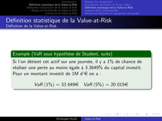 Dé…nition statistique de la
Méthodes d’
estimation de la
Risque de Portefeuille et
Limites de la

Introduction
Value-at-Risk
Value-at-Risk
Value-at-Risk
Value-at-Risk

Mesurer les rendements
Distribution de Pro…ts et Pertes (P&L)
Dé…nition statistique de la Value-at-Risk
Value-at-Risk conditionnelle
Horizon de détention et agrégation temporelle

Dé…nition statistique de la Value-at-Risk
Dé…nition de la Value-at-Risk

Example (VaR sous hypothèse de Student, suite)
Si l’ détient cet actif sur une journée, il y a 1% de chance de
on
réaliser une perte au moins égale à 3.3649% du capital investit.
Pour un montant investit de 1M d’ on a :
e
VaR (1%) = 33 649e VaR (5%) = 20 015e

Christophe Hurlin

Value-at-Risk

 
