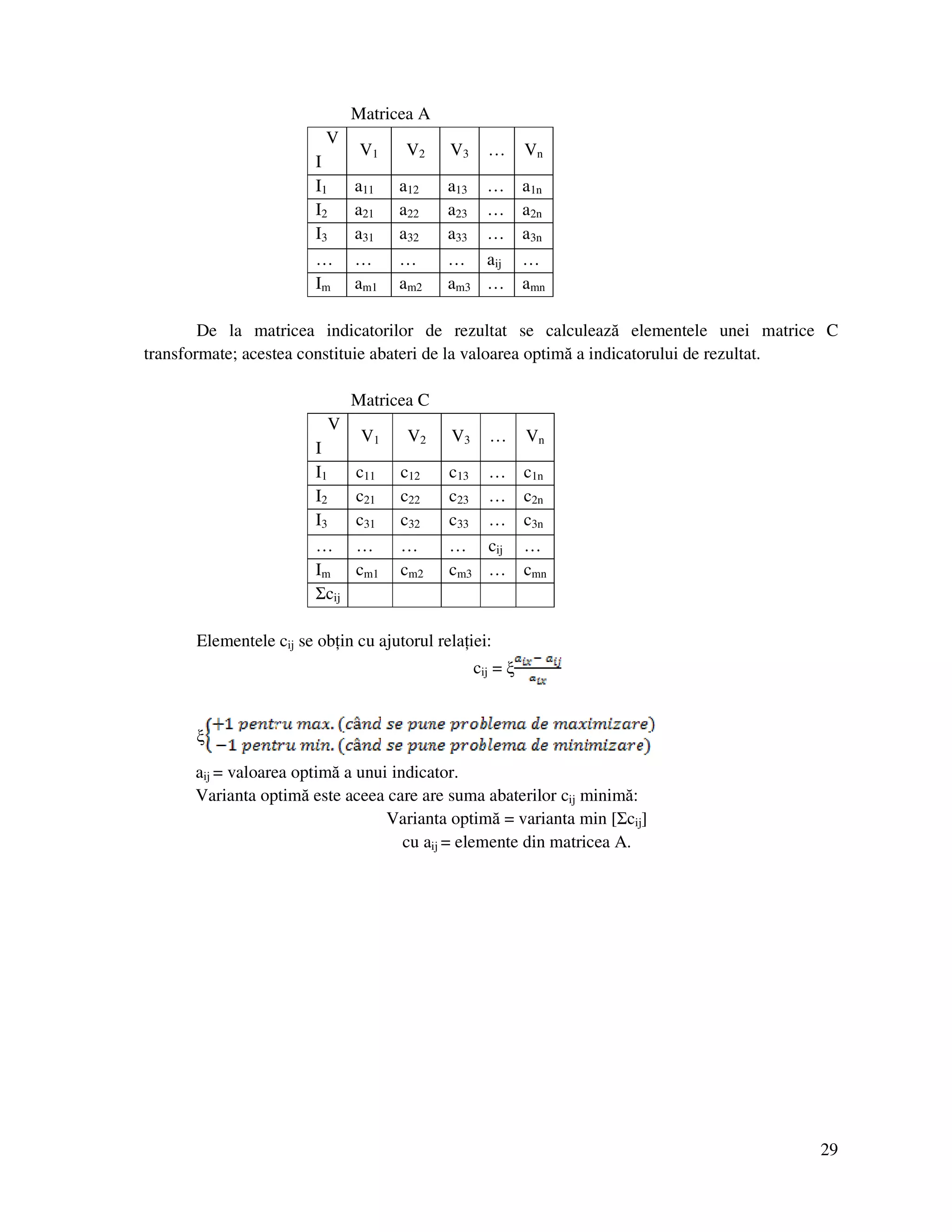 29
Matricea A
V
V1 V2 V3 … Vn
I
I1 a11 a12 a13 … a1n
I2 a21 a22 a23 … a2n
I3 a31 a32 a33 … a3n
… … … … aij …
Im am1 am2 am3 … amn
De la matricea indicatorilor de rezultat se calculează elementele unei matrice C
transformate; acestea constituie abateri de la valoarea optimă a indicatorului de rezultat.
Matricea C
V
V1 V2 V3 … Vn
I
I1 c11 c12 c13 … c1n
I2 c21 c22 c23 … c2n
I3 c31 c32 c33 … c3n
… … … … cij …
Im cm1 cm2 cm3 … cmn
Σcij
Elementele cij se ob in cu ajutorul rela iei:
cij = ξ
ξ
aij = valoarea optimă a unui indicator.
Varianta optimă este aceea care are suma abaterilor cij minimă:
Varianta optimă = varianta min [Σcij]
cu aij = elemente din matricea A.
 