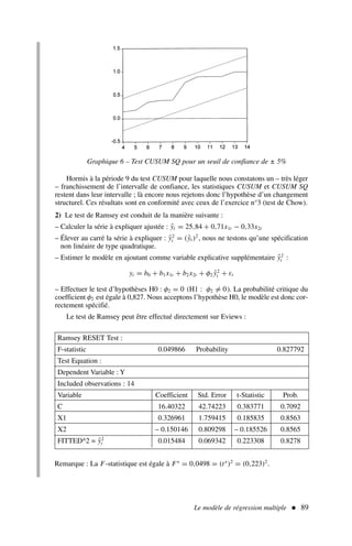 Le modèle de régression multiple  89
Hormis à la période 9 du test CUSUM pour laquelle nous constatons un – très léger
– franchissement de l’intervalle de confiance, les statistiques CUSUM et CUSUM SQ
restent dans leur intervalle ; là encore nous rejetons donc l’hypothèse d’un changement
structurel. Ces résultats sont en conformité avec ceux de l’exercice n°3 (test de Chow).
2) Le test de Ramsey est conduit de la manière suivante :
– Calculer la série à expliquer ajustée : ŷt = 25,84 + 0,71x1t − 0,33x2t
– Élever au carré la série à expliquer : ŷ2
t = (ŷt )2
, nous ne testons qu’une spécification
non linéaire de type quadratique.
– Estimer le modèle en ajoutant comme variable explicative supplémentaire ŷ2
t :
yt = b0 + b1x1t + b2x2t + φ2 ŷ2
t + εt
– Effectuer le test d’hypothèses H0 : φ2 = 0 (H1 : φ2 = 0). La probabilité critique du
coefficient φ2 est égale à 0,827. Nous acceptons l’hypothèse H0, le modèle est donc cor-
rectement spécifié.
Le test de Ramsey peut être effectué directement sur Eviews :
Graphique 6 – Test CUSUM SQ pour un seuil de confiance de ± 5%
Ramsey RESET Test :
F-statistic 0.049866 Probability 0.827792
Test Equation :
Dependent Variable : Y
Included observations : 14
Variable Coefficient Std. Error t-Statistic Prob.
C 16.40322 42.74223 0.383771 0.7092
X1 0.326961 1.759415 0.185835 0.8563
X2 – 0.150146 0.809298 – 0.185526 0.8565
FITTED^2 = ŷ2
t 0.015484 0.069342 0.223308 0.8278
Remarque : La F-statistique est égale à F∗
= 0,0498 = (t∗
)2
= (0,223)2
.
 