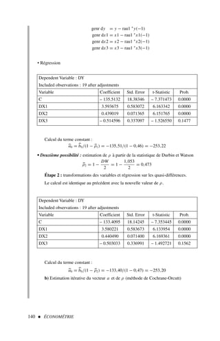 Calcul du terme constant :

a0 = 
b0/(1 − 
ρ2) = −133,40/(1 − 0,47) = −253,20
b) Estimation itérative du vecteur a et de ρ (méthode de Cochrane-Orcutt)
genr dy = y − rau1 ∗
y(−1)
genr dx1 = x1 − rau1 ∗
x1(−1)
genr dx2 = x2 − rau1 ∗
x2(−1)
genr dx3 = x3 − rau1 ∗
x3(−1)
• Régression
140  ÉCONOMÉTRIE
Calcul du terme constant :

a0 = 
b0/(1 − 
ρ1) = −135,51/(1 − 0,46) = −253,22
• Deuxième possibilité : estimation de ρ à partir de la statistique de Durbin et Watson

ρ2 = 1 −
DW
2
= 1 −
1,053
2
= 0,473
Étape 2 : transformations des variables et régression sur les quasi-différences.
Le calcul est identique au précédent avec la nouvelle valeur de ρ.
Dependent Variable : DY
Included observations : 19 after adjustments
Variable Coefficient Std. Error t-Statistic Prob.
C – 135.5132 18.38346 – 7.371473 0.0000
DX1 3.593675 0.583072 6.163342 0.0000
DX2 0.439019 0.071365 6.151765 0.0000
DX3 – 0.514596 0.337097 – 1.526550 0.1477
Dependent Variable : DY
Included observations : 19 after adjustments
Variable Coefficient Std. Error t-Statistic Prob.
C – 133.4095 18.14245 – 7.353445 0.0000
DX1 3.580221 0.583673 6.133954 0.0000
DX2 0.440490 0.071400 6.169361 0.0000
DX3 – 0.503033 0.336991 – 1.492721 0.1562
 