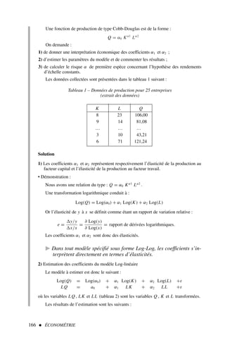 166  ÉCONOMÉTRIE
Une fonction de production de type Cobb-Douglas est de la forme :
Q = α0 Kα1
Lα2
On demande :
1) de donner une interprétation économique des coefficients α1 et α2 ;
2) d’estimer les paramètres du modèle et de commenter les résultats ;
3) de calculer le risque α de première espèce concernant l’hypothèse des rendements
d’échelle constants.
Les données collectées sont présentées dans le tableau 1 suivant :
Tableau 1 – Données de production pour 25 entreprises
(extrait des données)
K L Q
8 23 106,00
9 14 81,08
… … …
3 10 43,21
6 71 121,24
Solution
1) Les coefficients α1 et α2 représentent respectivement l’élasticité de la production au
facteur capital et l’élasticité de la production au facteur travail.
• Démonstration :
Nous avons une relation du type : Q = α0 Kα1
Lα2
.
Une transformation logarithmique conduit à :
Log(Q) = Log(α0) + α1 Log(K) + α2 Log(L)
Or l’élasticité de y à x se définit comme étant un rapport de variation relative :
e =
y/y
x/x
=
∂ Log(y)
∂ Log(x)
= rapport de dérivées logarithmiques.
Les coefficients α1 et α2 sont donc des élasticités.
 Dans tout modèle spécifié sous forme Log-Log, les coefficients s’in-
terprètent directement en termes d’élasticités.
2) Estimation des coefficients du modèle Log-linéaire
Le modèle à estimer est donc le suivant :
Log(Q) = Log(α0) + α1 Log(K) + α2 Log(L) +ε
LQ = a0 + α1 LK + α2 LL +ε
où les variables LQ , LK et LL (tableau 2) sont les variables Q , K et L transformées.
Les résultats de l’estimation sont les suivants :
 