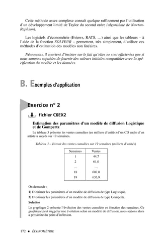 172  ÉCONOMÉTRIE
Cette méthode assez complexe connaît quelque raffinement par l’utilisation
d’un développement limité de Taylor du second ordre (algorithme de Newton-
Raphson).
Les logiciels d’économétrie (Eviews, RATS, …) ainsi que les tableurs – à
l’aide de la fonction SOLVEUR – permettent, très simplement, d’utiliser ces
méthodes d’estimation des modèles non linéaires.
Néanmoins, il convient d’insister sur le fait qu’elles ne sont efficientes que si
nous sommes capables de fournir des valeurs initiales compatibles avec la spé-
cification du modèle et les données.
B. Exemples d’application

Exercice n° 2
fichier C6EX2
Estimation des paramètres d’un modèle de diffusion Logistique
et de Gompertz
Le tableau 3 présente les ventes cumulées (en milliers d’unités) d’un CD audio d’un
artiste à succès sur 19 semaines.
Tableau 3 – Extrait des ventes cumulées sur 19 semaines (milliers d’unités)
Semaines Ventes
1 44,7
2 61,0
… …
18 607,0
19 633,9
On demande :
1) D’estimer les paramètres d’un modèle de diffusion de type Logistique.
2) D’estimer les paramètres d’un modèle de diffusion de type Gompertz.
Solution
Le graphique 2 présente l’évolution des ventes cumulées en fonction des semaines. Ce
graphique peut suggérer une évolution selon un modèle de diffusion, nous serions alors
à proximité du point d’inflexion.
 