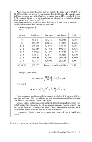 Les modèles à décalages temporels  187
Nous observons immédiatement que les minima des deux critères (AIC(h) et
SC(h)) sont situés sur la ligne 6, correspondant donc à 6 décalages. La première valeur
du Fisher empirique qui est significative – en partant du retard 10 – est celle de la ligne
5. Elle est égale à 6,86, ce qui vient confirmer une influence de la variable explicative
allant jusqu’à un décalage de 6 périodes.
Nous allons détailler le calcul des critères1 de Akaike et Schwarz pour le retard 6. Le
résultat de l’estimation pour 6 retards est le suivant :
– Variable à expliquer : Y
– n = 38
Variable Coefficient Écart type t de Student Prob.
C 501,5414 154,8486 3,238915 0,0029
X – 0,011389 0,081532 – 0,139687 0,8898
X(– 1) 0,061265 0,124906 0,490487 0,6274
X(– 2) 0,227569 0,119635 1,902194 0,0668
X(– 3) 0,167932 0,112997 1,486158 0,1477
X(– 4) 0,118734 0,127454 0,931580 0,3590
X(– 5) 0,000169 0,136907 0,001235 0,9990
X(– 6) 0,237174 0,084065 2,821310 0,0084
R2 = 0,92 0,921953 Somme des carrés des résidus = 521116,1
D’après [10], nous avons :
AIC(6) = Ln
521116
38
+
2 × 6
38
= 9,84
Et d’après [11] :
SC(6) = Ln
521116
38
+
6 × Ln (38)
38
= 10,10
Nous remarquons que la probabilité critique du coefficient de la variable X(-6) est
largement inférieure à 0,05 ; le coefficient est donc significativement différent de 0. Ceci
est évidement conforme aux résultats précédents.
Les trois critères sont (heureusement) cohérents, le modèle à retards échelonnés com-
porte 6 retards : l’investissement des entreprises de ce secteur est fonction des profits réa-
lisés sur les six derniers trimestres, soit un an et demi. Il convient de noter que seul le
coefficient du sixième retard est significativement différent de 0.
Le graphique 1 illustre la structure de pondération des retards pour le modèle ainsi
estimé.
1. Nous ne revenons pas sur le test de Fisher qui a été déjà abondamment illustré.
 