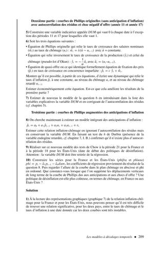 Deuxième partie : courbes de Phillips originelles (sans anticipation d’inflation)
avec autocorrélation des résidus et choc négatif d’offre (année 11 et année 17)
5) Construire une variable indicatrice appelée DUM qui vaut 0 à chaque date à l’excep-
tion des périodes 11 et 17 pour lesquelles elle vaut 1.
6) Soit les trois équations suivantes :
• Équation de Phillips originelle qui relie le taux de croissance des salaires nominaux
(ŵt) au taux de chômage (ut) : ŵt = λ(ũ − ut−1) avec ũ = constante.
• Équation qui relie inversement le taux de croissance de la production (ŷt ) et celui du
chômage (pseudo-loi d’Okun) : ŷt = −
1
α
ût avec ût = (ut –ut−1).
• Équation de quasi-offre ou ce qui identique formellement équation de fixation des prix
(p̂t) en taux de croissance en concurrence imparfaite : p̂t = c ŷt + ŵt.
Montrer qu’il est possible, à partir de ces équations, d’écrire une dynamique qui relie le
taux d’inflation p̂t à une constante, au niveau du chômage ut et au niveau du chômage
retardé ut−1.
Estimer économétriquement cette équation. Est-ce que cela améliore les résultats de la
première partie ?
7) Estimer de nouveau le modèle de la question 6 en introduisant dans la liste des
variables explicatives la variable DUM et en corrigeant de l’autocorrélation des résidus
(cf. chapitre 5).
Troisième partie : courbes de Phillips augmentées des anticipations d’inflation
8) On cherche maintenant à estimer un modèle intégrant des anticipations d’inflation :
p̂t = a0 + a1 p̂t−1 + a2ut + a3ut−1 + εt
Estimer cette relation inflation-chômage en ignorant l’autocorrélation des résidus mais
en conservant la variable DUM. En faisant un test du h de Durbin (présence de la
variable endogène retardée, cf. chapitre 7, I. B.) confirmer qu’il n’existe plus d’autocor-
rélation des résidus.
9) Réaliser sur ce nouveau modèle des tests de Chow à la période 21 pour la France et
à la période 18 pour les États-Unis (date de début des politiques de désinflation).
Attention : la variable DUM doit être retirée de la régression.
10) Construire les séries pour la France et les États-Unis (phifra et phiusa)
phi = pt − â1 pt−1 − â4dum , les coefficients de régression proviennent du résultat de la
question 8. Puis regarder l’allure de la courbe dans le plan chômage en abscisse et phi
en ordonné. Que constatez-vous lorsque que l’on supprime les déplacements verticaux
de long terme de la courbe de Phillips dus aux anticipations et aux chocs d’offre ? Une
politique de désinflation est-elle plus coûteuse, en termes de chômage, en France ou aux
États-Unis ?
Solution
1) À la lecture des représentations graphiques (graphique 7) de la relation inflation-chô-
mage pour la France et pour les États-Unis, nous pouvons penser qu’il est très difficile
de trouver une relation significative, pour les deux pays, entre le taux de chômage et le
taux d’inflation à une date donnée car les deux courbes sont très instables.
Les modèles à décalages temporels  209
 