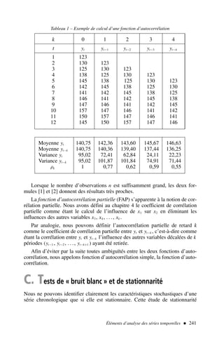 Lorsque le nombre d’observations n est suffisamment grand, les deux for-
mules [1] et [2] donnent des résultats très proches.
La fonction d’autocorrélation partielle (FAP) s’apparente à la notion de cor-
rélation partielle. Nous avons défini au chapitre 4 le coefficient de corrélation
partielle comme étant le calcul de l’influence de x1 sur x2 en éliminant les
influences des autres variables x3 , x4 , . . ., xk .
Par analogie, nous pouvons définir l’autocorrélation partielle de retard k
comme le coefficient de corrélation partielle entre yt et yt−k , c’est-à-dire comme
étant la corrélation entre yt et yt−k l’influence des autres variables décalées de k
périodes (yt−1 , yt−2 , . . ., yt−k+1 ) ayant été retirée.
Afin d’éviter par la suite toutes ambiguïtés entre les deux fonctions d’auto-
corrélation, nous appelons fonction d’autocorrélation simple, la fonction d’auto-
corrélation.
C. Tests de « bruit blanc » et de stationnarité
Nous ne pouvons identifier clairement les caractéristiques stochastiques d’une
série chronologique que si elle est stationnaire. Cette étude de stationnarité
Éléments d’analyse des séries temporelles  241
Tableau 1 – Exemple de calcul d’une fonction d’autocorrélation
k 0 1 2 3 4
t yt yt−1 yt−2 yt−3 yt−4
1 123
2 130 123
3 125 130 123
4 138 125 130 123
5 145 138 125 130 123
6 142 145 138 125 130
7 141 142 145 138 125
8 146 141 142 145 138
9 147 146 141 142 145
10 157 147 146 141 142
11 150 157 147 146 141
12 145 150 157 147 146
Moyenne yt 140,75 142,36 143,60 145,67 146,63
Moyenne yt−k 140,75 140,36 139,40 137,44 136,25
Variance yt 95,02 72,41 62,84 24,11 22,23
Variance yt−k 95,02 101,87 101,84 74,91 71,44
ρk 1 0,77 0,62 0,59 0,55
 