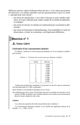 différence entre les valeurs réellement observées de Ct et les valeurs qui auraient
été observées si la relation spécifiée avait été rigoureusement exacte. Le terme
εt regroupe donc trois erreurs :
– une erreur de spécification, c’est-à-dire le fait que la seule variable expli-
cative n’est pas suffisante pour rendre compte de la totalité du phénomè-
ne expliqué ;
– une erreur de mesure, les données ne représentent pas exactement le phé-
nomène ;
– une erreur de fluctuation d’échantillonnage, d’un échantillon à l’autre les
observations, et donc les estimations, sont légèrement différentes.
Le modèle de régression simple  15
Année Revenu
1 8 000
2 9 000
3 9 500
4 9 500
5 9 800
6 11 000
7 12 000
8 13 000
9 15 000
10 16 000
Tableau 1 – Évolution du revenu moyen par habitant en dollars
Sachant que la propension marginale à consommer est de 0,8 et que la consomma-
tion incompressible est 1 000, on demande :
1) de calculer la consommation théorique sur les 10 ans ;
2) considérant que notre erreur d’observation suit une loi normale de moyenne 0 et de
variance 20 000, de générer cette variable aléatoire et de calculer une consommation
observée tenant compte de cette erreur.
Solution
Les calculs des questions 1) et 2) sont présentés dans le tableau 2.
La consommation théorique (colonne 3) est calculée par application directe de la
formule : Ct = 1 000 + 0,8 Yt .
Génération d’une consommation aléatoire
Le tableau 1 présente le revenu moyen par habitant sur 10 ans exprimé en dollars
pour un pays.

Exercice n° 1
fichier C2EX1
 