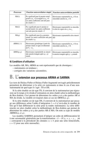Éléments d’analyse des séries temporelles  259
Processus
MA(1)
MA(2)
MA(q)
ARMA(1, 1)
ARMA(p, q)
Fonction autocorrélation simple
Pic significatif pour le premier retard :
positif si α1  0 et négatif si α1  0.
Les autres coefficients sont nuls pour
des retards  1
Pics significatifs pour le premier et
second retards. Les autres coefficients
sont nuls pour des retards  2
Pics significatifs pour les q premiers
retards. Les autres coefficients nuls pour
des retards  q
Décroissance géométrique à partir du
premier retard, le signe est déterminé
par θ1 – α1
Décroissance exponentielle ou sinusoï-
dale amortie tronquée après (q – p)
retards
Fonction autocorrélation partielle
Décroissance exponentielle (α1  0) ou
sinusoïdale amortie (α1  0)
Décroissance exponentielle ou sinusoïda-
le selon les signes de α1 et α2
Décroissance exponentielle et/ou sinusoï-
dale
Décroissance exponentielle (α1  0) ou
sinusoïdale amortie (α1  0)
Décroissance exponentielle ou sinusoïda-
le amortie tronquée après p – q retards
4) Conditions d’utilisation
Les modèles AR, MA, ARMA ne sont représentatifs que de chroniques :
– stationnaires en tendance ;
– corrigées des variations saisonnières.
B. L’extension aux processus ARIMA et SARIMA
Les tests de Dickey-Fuller et Dickey-Fuller Augmenté envisagés précédemment
permettent de déterminer si la série est stationnaire et dans le cas d’une non-
stationnarité de quel type il s’agit : TS et DS.
Si la série étudiée est de type TS, il convient de la stationnariser par régres-
sion sur le temps et le résidu d’estimation est alors étudié selon la méthodologie
de Box-Jenkins. Ceci permet de déterminer les ordres p et q des parties AR et
MA du résidu. Le modèle est toujours dans ce cas un ARMA(p, q).
Si la série étudiée est de type DS, il convient de la stationnariser par passa-
ge aux différences selon l’ordre d’intégration I = d (c’est-à-dire le nombre de
fois qu’il faut différencier la série pour la rendre stationnaire). La série diffé-
renciée est alors étudiée selon la méthodologie de Box-Jenkins qui permet de
déterminer les ordres p et q des parties AR et MA. On note ce type de modèle
ARIMA(p, d, q) .
Les modèles SARIMA permettent d’intégrer un ordre de différenciation lié
à une saisonnalité généralisée par la transformation : (1 − Ds
)yt = yt − yt−s où
s correspond à la périodicité des données (s = 4 pour une série trimestrielle,
s = 12 pour une série mensuelle).
 