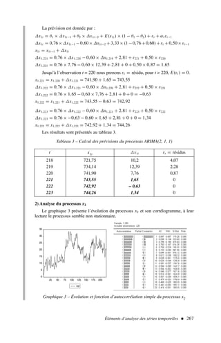 La prévision est donnée par :
∆x1t = θ1 × ∆x1t−1 + θ2 × ∆x1t−2 + E(x1t ) × (1 − θ1 − θ2) + εt + α1εt−1
∆x1t = 0,76×∆x1t−1 −0,60×∆x1t−2 +3,33×(1−0,76+0,60)+εt +0,50×εt−1
x1t = x1t−1 + ∆x1t
∆x1,221 = 0,76 × ∆x1,220 − 0,60 × ∆x1,219 + 2,81 + ε221 + 0,50 × ε220
∆x1,221 = 0,76 × 7,76 − 0,60 × 12,39 + 2,81 + 0 + 0,50 × 0,87 = 1,65
Jusqu’à l’observation t = 220 nous prenons εt = résidu, pour t  220, E(εt ) = 0.
x1,221 = x1,220 + ∆x1,221 = 741,90 + 1,65 = 743,55
∆x1,222 = 0,76 × ∆x1,221 − 0,60 × ∆x1,220 + 2,81 + ε222 + 0,50 × ε221
∆x1,222 = 0,76 × 1,65 − 0,60 × 7,76 + 2,81 + 0 + 0 = −0,63
x1,222 = x1,221 + ∆x1,222 = 743,55 − 0,63 = 742,92
∆x1,223 = 0,76 × ∆x1,222 − 0,60 × ∆x1,221 + 2,81 + ε223 + 0,50 × ε222
∆x1,223 = 0,76 × −0,63 − 0,60 × 1,65 + 2,81 + 0 + 0 = 1,34
x1,223 = x1,222 + ∆x1,223 = 742,92 + 1,34 = 744,26
Les résultats sont présentés au tableau 3.
Éléments d’analyse des séries temporelles  267
Tableau 3 – Calcul des prévisions du processus ARIMA(2, 1, 1)
t x1t ∆x1t εt = résidus
218 721,75 10,2 4,07
219 734,14 12,39 2,28
220 741,90 7,76 0,87
221 743,55 1,65 0
222 742,92 – 0,63 0
223 744,26 1,34 0
2) Analyse du processus x2
Le graphique 3 présente l’évolution du processus x2 et son corrélogramme, à leur
lecture le processus semble non stationnaire.
0
5
10
15
20
25
30
35
25 50 75 100 125 150 175 200
X2
Graphique 3 – Évolution et fonction d’autocorrélation simple du processus x2
 