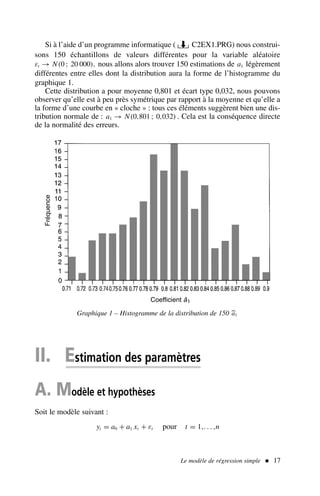 II. Estimation des paramètres
A. Modèle et hypothèses
Soit le modèle suivant :
yt = a0 + a1 xt + εt pour t = 1,. . . ,n
Le modèle de régression simple  17
Graphique 1 – Histogramme de la distribution de 150 
a1
Fréquence
Coefficient â1
Fréquence
Si à l’aide d’un programme informatique ( C2EX1.PRG) nous construi-
sons 150 échantillons de valeurs différentes pour la variable aléatoire
εt → N(0 ; 20 000), nous allons alors trouver 150 estimations de a1 légèrement
différentes entre elles dont la distribution aura la forme de l’histogramme du
graphique 1.
Cette distribution a pour moyenne 0,801 et écart type 0,032, nous pouvons
observer qu’elle est à peu près symétrique par rapport à la moyenne et qu’elle a
la forme d’une courbe en « cloche » : tous ces éléments suggèrent bien une dis-
tribution normale de : a1 → N(0,801 ; 0,032) . Cela est la conséquence directe
de la normalité des erreurs.
 