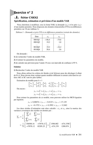 Spécification, estimation et prévision d’un modèle VAR
Nous cherchons à modéliser, sous la forme VAR, la demande (y1t ) et les prix (y2t )
d’une matière première. Nous disposons des données trimestrielles CVS et en différences
premières sur 18 ans (tableau 1).
La modélisation VAR  281

Exercice n° 2
fichier C10EX2
Tableau 1 – Demande et prix CVS et en différences premières (extrait des données)
Date y1t y2t
0001Q1 –146,4 –75,6
0001Q2 19,2 1,8
… … …
0018Q3 19,2 –16,2
0018Q4 50,4 3,6
On demande :
1) de rechercher l’ordre du modèle VAR,
2) d’estimer les paramètres du modèle,
3) de calculer une prévision pour l’année 19 avec son intervalle de confiance à 95 %.
Solution
1) Rechercher l’ordre du modèle VAR
Nous allons utiliser les critères de Akaike et de Schwarz pour des décalages h allant
de 0 à 4. Nous devons donc estimer quatre modèles différents et retenir celui dont les cri-
tères AIC et SC sont les plus faibles.
Estimation du modèle pour h = 1

y1t
y2t

=

a0
1
a0
2

+

a1
11 a2
11
a1
21 a2
21
 
y1t−1
y2t−1

+

ν1t
ν2t

Ou encore :
y1t = a0
1 + a1
11 y1t−1 + a2
11 y2t−1 + ν1t
y2t = a0
2 + a1
21 y1t−1 + a2
21 y2t−1 + ν2t
Pour estimer les paramètres de ce modèle, nous pouvons utiliser les MCO équation
par équation.
y1t = 0,00676 × y1t−1 − 0,6125 × y2t−1 + 17,129
y2t = −0,1752 × y1t−1 + 0,2992 × y2t−1 − 12,862
Les deux résidus d’estimation sont alors calculés : e1,t et e2,t ainsi la matrice des
variances covariances des résidus est donnée par :
e =
1
n




n

1
e2
1
n

1
e1e2
n

1
e1e2
n

1
e2
2




=
1
71

106500,16 −47878,12
−47878,12 85205,25

=

1500,002 −674,3398
−674,339 1200,074

 