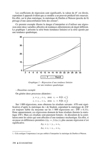 Les coefficients de régression sont significatifs, la valeur du R2
est élevée,
cependant il apparaît évident que ce modèle a un pouvoir prédictif très mauvais.
En effet, sur le plan statistique, la statistique de Durbin et Watson (proche de 0)
présage d’une autocorrélation forte des erreurs1.
Ce premier exemple illustre le danger d’interpréter et d’utiliser une régres-
sion entre deux variables affectées de tendances déterministes de degré différent.
Le graphique 1 présente la série brute (tendance linéaire) et la série ajustée par
une tendance quadratique.
298  ÉCONOMÉTRIE
1. Cela souligne l’importance à ne pas oublier d’interpréter la statistique de Durbin et Watson.
Graphique 1 – Régression d’une tendance linéaire
sur une tendance quadratique
– Deuxième exemple
On génère deux processus aléatoires :
yt = yt−1 + ε1t avec εt → N

0; σ2
ε1

xt = xt−1 + ε2t avec εt → N

0; σ2
ε2

Sur 1 000 régressions, nous obtenons les résultats suivants : 670 sont signi-
ficatives d’après la statistique du t de Student, cependant la statistique de DW
est toujours faible (la moyenne sur les 1 000 régressions est : DW = 0,33).
Donc apparemment, ces régressions donnent de bons résultats (hormis la statis-
tique DW). Mais ces résultats sont purement fortuits : ils découlent de la corré-
lation entre les séries qui sont affectées d’une tendance stochastique. En effet, si
on passe en différences premières (yt = f (xt )), plus aucune régression n’est
significative.
yt = yt − yt−1 = ε1t
xt = xt − xt−1 = ε2t
 