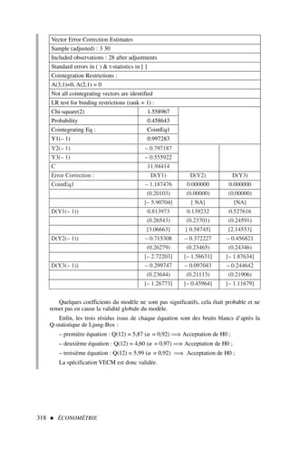 Y2(– 1) – 0.797187
Y3(– 1) – 0.555922
C 11.94414
Error Correction : D(Y1) D(Y2) D(Y3)
CointEq1 – 1.187476 0.000000 0.000000
(0.20103) (0.00000) (0.00000)
[– 5.90704] [ NA] [NA]
D(Y1(– 1)) 0.813973 0.139232 0.527616
(0.26543) (0.23701) (0.24591)
[3.06663] [ 0.58745] [2.14553]
D(Y2(– 1)) – 0.715308 – 0.372227 – 0.456821
(0.26279) (0.23465) (0.24346)
[– 2.72203] [– 1.58631] [– 1.87634]
D(Y3(– 1)) – 0.299747 – 0.097043 – 0.244642
(0.23644) (0.21113) (0.21906)
[– 1.26773] [– 0.45964] [– 1.11679]
Quelques coefficients du modèle ne sont pas significatifs, cela était probable et ne
remet pas en cause la validité globale du modèle.
Enfin, les trois résidus issus de chaque équation sont des bruits blancs d’après la
Q-statistique de Ljung-Box :
– première équation : Q(12) = 5,87 (α = 0,92) ⇒ Acceptation de H0 ;
– deuxième équation : Q(12) = 4,60 (α = 0,97) ⇒ Acceptation de H0 ;
– troisième équation : Q(12) = 5,99 (α = 0,92) ⇒ Acceptation de H0 ;
La spécification VECM est donc validée.
318  ÉCONOMÉTRIE
Vector Error Correction Estimates
Sample (adjusted) : 3 30
Included observations : 28 after adjustments
Standard errors in ( )  t-statistics in [ ]
Cointegration Restrictions :
A(3,1)=0, A(2,1) = 0
Not all cointegrating vectors are identified
LR test for binding restrictions (rank = 1) :
Chi-square(2) 1.558967
Probability 0.458643
Cointegrating Eq : CointEq1
Y1(– 1) 0.997283
 