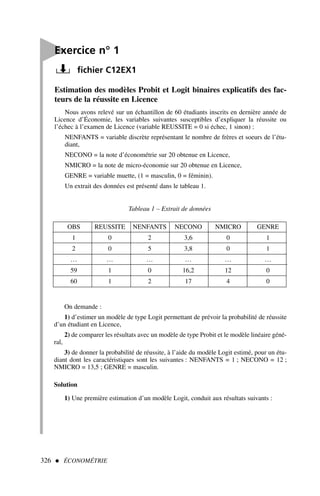 Estimation des modèles Probit et Logit binaires explicatifs des fac-
teurs de la réussite en Licence
Nous avons relevé sur un échantillon de 60 étudiants inscrits en dernière année de
Licence d’Économie, les variables suivantes susceptibles d’expliquer la réussite ou
l’échec à l’examen de Licence (variable REUSSITE = 0 si échec, 1 sinon) :
NENFANTS = variable discrète représentant le nombre de frères et soeurs de l’étu-
diant,
NECONO = la note d’économétrie sur 20 obtenue en Licence,
NMICRO = la note de micro-économie sur 20 obtenue en Licence,
GENRE = variable muette, (1 = masculin, 0 = féminin).
Un extrait des données est présenté dans le tableau 1.
326  ÉCONOMÉTRIE

Exercice n° 1
fichier C12EX1
Tableau 1 – Extrait de données
OBS REUSSITE NENFANTS NECONO NMICRO GENRE
1 0 2 3,6 0 1
2 0 5 3,8 0 1
… … … … … …
59 1 0 16,2 12 0
60 1 2 17 4 0
On demande :
1) d’estimer un modèle de type Logit permettant de prévoir la probabilité de réussite
d’un étudiant en Licence,
2) de comparer les résultats avec un modèle de type Probit et le modèle linéaire géné-
ral,
3) de donner la probabilité de réussite, à l’aide du modèle Logit estimé, pour un étu-
diant dont les caractéristiques sont les suivantes : NENFANTS = 1 ; NECONO = 12 ;
NMICRO = 13,5 ; GENRE = masculin.
Solution
1) Une première estimation d’un modèle Logit, conduit aux résultats suivants :
 
