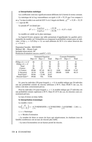 a) Interprétation statistique
Les coefficients sont tous significativement différents de 0, hormis le terme constant.
La statistique de la Log vraisemblance est égale à L R = 52,35 que l’on compare à
un χ2
lu dans la table à un seuil de 0,95 % et à 3 degrés de liberté, χ20,95
3 = 9,28  52,35
−→ rejet de H0.
Le pseudo-R2
est donné par :
R2
= 1 −
Log(Lu)
Log(LR)
= 1 −
−15,38
−41,56
= 1 − 0,37 = 0,63
Le modèle est validé sur le plan statistique.
Le logiciel Eviews propose une table permettant d’appréhender les qualités prévi-
sionnelles du modèle sur l’échantillon en comparant la probabilité estimée pour un indi-
vidu i d’être yi = 1(P(Dep = 1)) au seuil arbitraire de 50 % à la valeur observée des
yi = 0 ou 1.
328  ÉCONOMÉTRIE
Dependent Variable : REUSSITE
Method: ML – Binary Logit
Included observations: 60
Prediction Evaluation (success cutoff C = 0.5)
Estimated Equation Constant Probability
Dep = 0 Dep = 1 Total Dep = 0 Dep = 1 Total
P(Dep =1) = C 26 4 30 0 0 0
P(Dep =1)  C 3 27 30 29 31 60
Total 29 31 60 29 31 60
Correct 26 27 53 0 31 31
% Correct 89.66 87.10 88.33 0.00 100.00 51.67
% Incorrect 10.34 12.90 11.67 100.00 0.00 48.33
Total Gain* 89.66 – 12.90 36.67
Percent Gain** 89.66 NA 75.86
Ici, pour les individus (29) pour lesquels yi = 0, le modèle indique que 26 individus
ont une probabilité estimée de réussite inférieure à 50 %. Dans 89,66 % des cas, les
échecs sont donc correctement prévus.
Pour les individus (31) pour lesquels yi = 1, le modèle indique que 27 individus ont
une probabilité estimée supérieure à 50 %. Dans 87,10 % des cas, les réussites sont cor-
rectement prévues.
Le taux d’erreur est donc faible.
b) Interprétation économique
Le modèle s’écrit :
Ln

Pi
1 − Pi

= −0,75
(1,97)
NENFANTS + 0,70
(3,00)
NECONO−3,63
(2,57)
GENRE − 2,86 + ei
(.) = z-Statistique
ei = Résidu d’estimation
– Le nombre de frères et soeurs du foyer agit négativement, les étudiants issus de
familles nombreuses ont un taux de réussite plus faible.
– La note d’économétrie est un facteur positif de réussite.
 