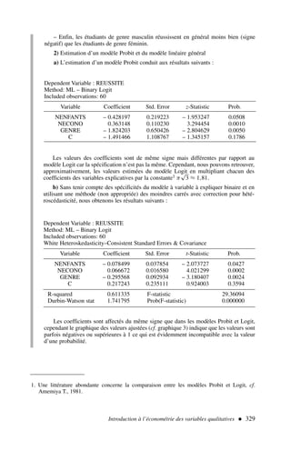 – Enfin, les étudiants de genre masculin réussissent en général moins bien (signe
négatif) que les étudiants de genre féminin.
2) Estimation d’un modèle Probit et du modèle linéaire général
a) L’estimation d’un modèle Probit conduit aux résultats suivants :
Introduction à l’économétrie des variables qualitatives  329
Dependent Variable : REUSSITE
Method: ML – Binary Logit
Included observations: 60
Variable Coefficient Std. Error z-Statistic Prob.
NENFANTS – 0.428197 0.219223 – 1.953247 0.0508
NECONO 0.363148 0.110230 3.294454 0.0010
GENRE – 1.824203 0.650426 – 2.804629 0.0050
C – 1.491466 1.108767 – 1.345157 0.1786
Les valeurs des coefficients sont de même signe mais différentes par rapport au
modèle Logit car la spécification n’est pas la même. Cependant, nous pouvons retrouver,
approximativement, les valeurs estimées du modèle Logit en multipliant chacun des
coefficients des variables explicatives par la constante1 π
√
3 ≈ 1,81.
b) Sans tenir compte des spécificités du modèle à variable à expliquer binaire et en
utilisant une méthode (non appropriée) des moindres carrés avec correction pour hété-
roscédasticité, nous obtenons les résultats suivants :
1. Une littérature abondante concerne la comparaison entre les modèles Probit et Logit, cf.
Amemiya T., 1981.
Dependent Variable : REUSSITE
Method: ML – Binary Logit
Included observations: 60
White Heteroskedasticity–Consistent Standard Errors  Covariance
Variable Coefficient Std. Error t-Statistic Prob.
NENFANTS – 0.078499 0.037854 – 2.073727 0.0427
NECONO 0.066672 0.016580 4.021299 0.0002
GENRE – 0.295568 0.092934 – 3.180407 0.0024
C 0.217243 0.235111 0.924003 0.3594
R-squared 0.611335 F-statistic 29.36094
Durbin-Watson stat 1.741795 Prob(F-statistic) 0.000000
Les coefficients sont affectés du même signe que dans les modèles Probit et Logit,
cependant le graphique des valeurs ajustées (cf. graphique 3) indique que les valeurs sont
parfois négatives ou supérieures à 1 ce qui est évidemment incompatible avec la valeur
d’une probabilité.
 