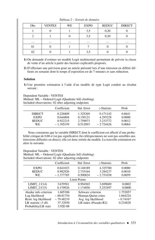 Introduction à l’économétrie des variables qualitatives  333
Tableau 2 – Extrait de données
Obs VENTES WE EXPO REDUC DIRECT
1 0 1 3,5 0,20 0
2 1 0 3,5 0,20 0
… … … … … …
81 0 1 7 0 0
82 0 1 3,5 0 0
1) On demande d’estimer un modèle Logit multinomial permettant de prévoir la classe
de vente d’un article à partir des facteurs explicatifs proposés.
2) D’effectuer une prévision pour un article présenté lors d’une émission en différé dif-
fusée en semaine dont le temps d’exposition est de 7 minutes et sans réduction.
Solution
1) Une première estimation à l’aide d’un modèle de type Logit conduit au résultat
suivant :
Dependent Variable : VENTES
Method: ML – Ordered Logit (Quadratic hill climbing)
Included observations: 82 after adjusting endpoints
Coefficient Std. Error z-Statistic Prob.
DIRECT 0.226809 1.325269 0.171142 0.8641
EXPO 0.644804 0.150121 4.295228 0.0000
REDUC 8.922215 2.759073 3.233772 0.0012
WE – 1.395159 0.512093 – 2.724426 0.0064
Nous constatons que la variable DIRECT dont le coefficient est affecté d’une proba-
bilité critique de 0,86 n’est pas significative (les téléspectateurs ne sont pas sensibles aux
émissions diffusées en direct), elle est donc retirée du modèle. La nouvelle estimation est
alors la suivante.
Dependent Variable : VENTES
Method: ML – Ordered Logit (Quadratic hill climbing)
Included observations: 82 after adjusting endpoints
Coefficient Std. Error z-Statistic Prob.
EXPO 0.641023 0.148189 4.325700 0.0000
REDUC 8.982926 2.735164 3.284237 0.0010
WE – 1.377785 0.500824 – 2.751038 0.0059
Limit Points
LIMIT_1:C(4) 3.679581 0.994565 3.699689 0.0002
LIMIT_2:C(5) 6.170926 1.174856 5.252497 0.0000
Akaike info criterion 1.605306 Schwarz criterion 1.752057
Log likelihood – 60.81754 Hannan-Quinn criter. 1.664224
Restr. log likelihood – 79.48219 Avg. log likelihood – 0.74167
LR statistic (3 df) 37.32930 LR index (Pseudo-R2) 0.234828
Probability(LR stat) 3.92E-08
 