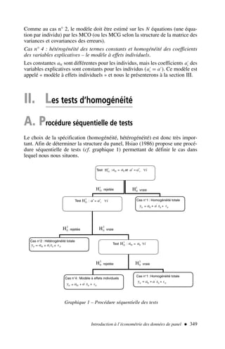 Comme au cas n° 2, le modèle doit être estimé sur les N équations (une équa-
tion par individu) par les MCO (ou les MCG selon la structure de la matrice des
variances et covariances des erreurs).
Cas n° 4 : hétérogénéité des termes constants et homogénéité des coefficients
des variables explicatives – le modèle à effets individuels.
Les constantes a0i sont différentes pour les individus, mais les coefficients a′
i des
variables explicatives sont constants pour les individus (a′
i = a′
). Ce modèle est
appelé « modèle à effets individuels » et nous le présenterons à la section III.
II. Les tests d’homogénéité
A. Procédure séquentielle de tests
Le choix de la spécification (homogénéité, hétérogénéité) est donc très impor-
tant. Afin de déterminer la structure du panel, Hsiao (1986) propose une procé-
dure séquentielle de tests (cf. graphique 1) permettant de définir le cas dans
lequel nous nous situons.
Introduction à l’économétrie des données de panel  349
Test 1
O
H : = et i
a
a '
' i
Test
2
O
H : i
a
a '
' i Cas n°1 : Homogénéité totale
it
it
it x
a
a
y '
0
a0
Cas n°2 : Hétérogénéité totale
it
it
i
i
it x
a
a
y '
0
Test
3
O
H : = i
Cas n°4: Modèle à effets individuels
it
it
i
it x
a
a
y '
0
1
O
H rejetée
1
0
H vraie
2
0
H rejetée
2
0
H vraie
Cas n°1 : Homogénéité totale
it
it
it x
a
a
y '
0
3
0
H rejetée
3
0
H vraie
= ∀
ε
= ∀
= + +
= + + ε ∀
= + + ε
= + + ε
i a0
a0i a0
Graphique 1 – Procédure séquentielle des tests
 