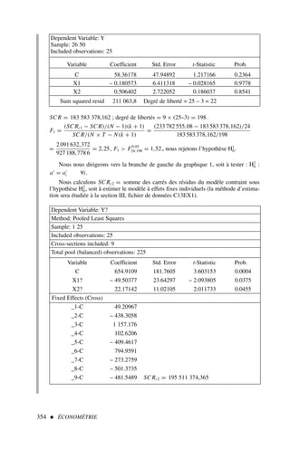 SC R = 183 583 378,162 ; degré de libertés = 9 × (25–3) = 198.
F1 =
(SC Rc1 − SC R)/(N − 1)(k + 1)
SC R/(N × T − N(k + 1)
=
(233 782 555,08 − 183 583 378,162)/24
183 583 378,162/198
=
2 091 632,372
927 188,778 6
= 2,25, F1  F0,05
24;198 = 1,52, nous rejetons l’hypothèse H1
0.
Nous nous dirigeons vers la branche de gauche du graphique 1, soit à tester : H2
0 :
a′
= a′
i ∀i.
Nous calculons SC Rc2 = somme des carrés des résidus du modèle contraint sous
l’hypothèse H2
0, soit à estimer le modèle à effets fixes individuels (la méthode d’estima-
tion sera étudiée à la section III, fichier de données C13EX1).
354  ÉCONOMÉTRIE
Dependent Variable: Y
Sample: 26 50
Included observations: 25
Variable Coefficient Std. Error t-Statistic Prob.
C 58.36178 47.94892 1.217166 0.2364
X1 – 0.180573 6.411318 – 0.028165 0.9778
X2 0.506402 2.722052 0.186037 0.8541
Sum squared resid 211 063,8 Degré de liberté = 25 – 3 = 22
Dependent Variable: Y?
Method: Pooled Least Squares
Sample: 1 25
Included observations: 25
Cross-sections included: 9
Total pool (balanced) observations: 225
Variable Coefficient Std. Error t-Statistic Prob.
C 654.9109 181.7605 3.603153 0.0004
X1? – 49.50377 23.64297 – 2.093805 0.0375
X2? 22.17142 11.02105 2.011733 0.0455
Fixed Effects (Cross)
_1-C 49.20967
_2-C – 438.3058
_3-C 1 157.176
_4-C 102.6206
_5-C – 409.4617
_6-C 794.9591
_7-C – 273.2759
_8-C – 501.3735
_9-C – 481.5489 SC Rc2 = 195 511 374,365
 