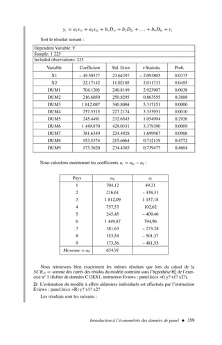 yt = a1x1t + a2x2t + b1 D1t + b2 D2t + . . . + b9 D9t + εt
Soit le résultat suivant :
Introduction à l’économétrie des données de panel  359
Dependent Variable: Y
Sample: 1 225
Included observations: 225
Variable Coefficient Std. Error t-Statistic Prob.
X1 – 49.50377 23.64297 – 2.093805 0.0375
X2 22.17142 11.02105 2.011733 0.0455
DUM1 704.1205 240.8149 2.923907 0.0038
DUM2 216.6050 250.8295 0.863555 0.3888
DUM3 1 812.087 340.8004 5.317151 0.0000
DUM4 757.5315 227.2174 3.333951 0.0010
DUM5 245.4491 232.6545 1.054994 0.2926
DUM6 1 449.870 429.0331 3.379390 0.0009
DUM7 381.6349 224.4928 1.699987 0.0906
DUM8 153.5374 215.6064 0.712119 0.4772
DUM9 173.3620 234.4385 0.739477 0.4604
Nous calculons maintenant les coefficients ai = a0i − a0 :
Pays a0i ai
1 704,12 49,21
2 216,61 – 438,31
3 1 812,09 1 157,18
4 757,53 102,62
5 245,45 – 409,46
6 1 449,87 794,96
7 381,63 – 273,28
8 153,54 – 501,37
9 173,36 – 481,55
Moyenne = a0 654,91
Nous retrouvons bien exactement les mêmes résultats que lors du calcul de la
SC Rc2 = somme des carrés des résidus du modèle contraint sous l’hypothèse H2
0 de l’exer-
cice n° 1 (fichier de données C13EX1, instruction Eviews : panel.ls(cx =f) y? x1? x2?).
2) L’estimation du modèle à effets aléatoires individuels est effectuée par l’instruction
Eviews : panel.ls(cx =R) y? x1? x2?
Les résultats sont les suivants :
 