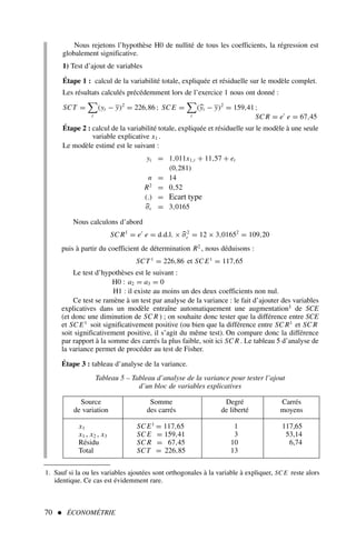 70  ÉCONOMÉTRIE
Nous rejetons l’hypothèse H0 de nullité de tous les coefficients, la régression est
globalement significative.
1) Test d’ajout de variables
Étape 1 : calcul de la variabilité totale, expliquée et résiduelle sur le modèle complet.
Les résultats calculés précédemment lors de l’exercice 1 nous ont donné :
SCT =

t
(yt − y)2
= 226,86 ; SC E =

t
(yt − y)2
= 159,41 ;
SC R = e′
e = 67,45
Étape 2 : calcul de la variabilité totale, expliquée et résiduelle sur le modèle à une seule
variable explicative x1 .
Le modèle estimé est le suivant :
yt = 1,011x1,t + 11,57 + et
(0,281)
n = 14
R2
= 0,52
(.) = Ecart type
σε = 3,0165
Nous calculons d’abord
SC R1
= e′
e = d.d.l. × σ2
ε = 12 × 3,01652
= 109,20
puis à partir du coefficient de détermination R2
, nous déduisons :
SCT1
= 226,86 et SC E1
= 117,65
Le test d’hypothèses est le suivant :
H0 : a2 = a3 = 0
H1 : il existe au moins un des deux coefficients non nul.
Ce test se ramène à un test par analyse de la variance : le fait d’ajouter des variables
explicatives dans un modèle entraîne automatiquement une augmentation1 de SCE
(et donc une diminution de SC R ) ; on souhaite donc tester que la différence entre SCE
et SC E1
soit significativement positive (ou bien que la différence entre SC R1
et SC R
soit significativement positive, il s’agit du même test). On compare donc la différence
par rapport à la somme des carrés la plus faible, soit ici SC R . Le tableau 5 d’analyse de
la variance permet de procéder au test de Fisher.
Étape 3 : tableau d’analyse de la variance.
Tableau 5 – Tableau d’analyse de la variance pour tester l’ajout
d’un bloc de variables explicatives
1. Sauf si la ou les variables ajoutées sont orthogonales à la variable à expliquer, SC E reste alors
identique. Ce cas est évidemment rare.
Source Somme Degré Carrés
de variation des carrés de liberté moyens
x1 SC E1
= 117,65 1 117,65
x1 , x2 , x3 SC E = 159,41 3 53,14
Résidu SC R = 67,45 10 6,74
Total SCT = 226,85 13
 
