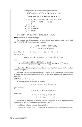 72  ÉCONOMÉTRIE
Nous pouvons en déduire comme précédemment :
SCT1
= 88,85 ; SC E1
= 61,54 ; SC R1
= 27,31
sous-période 2 : données de 8 à 14
yt = 1,228x1,t − 0,620x2,t − 0,184x3,t + 62,63 + et
(0,69) (0,52) (0,15)
n = 7
R2
= 0,543
(.) = Ecart type
σε = 2,6281
D’où SCT2
= 45,43 ; SC E2
= 24,70 ; SC R2
= 20,73.
Étape 2 : calcul du Fisher empirique.
En prenant au dénominateur la plus faible des sommes des carrés (soit
SC R1
+ SC R2
), le Fisher empirique est égal à :
F∗
=
[SC R − (SC R1
+ SC R2
)]/ddln
(SC R1 + SC R2)/ddld
avec ddln = (n − k − 1) − [(n1 − k − 1) + (n2 − k − 1)] = k + 1 = 4
car n = n1 + n2
ddld = (n1 − k − 1) + (n2 − k − 1) = n − 2(k + 1) = 6
d’où
F∗
=
[(67,45 − (27,31 + 20,73))]/4
(27,31 + 20,73)/6
=
4,852
8,00
= 0,606  F0,05
4 ; 6 = 4,53
L’hypothèse H0 est acceptée, les coefficients sont significativement stables sur l’en-
semble de la période.
Attention, en cas d’hétéroscédasticité (cf. chapitre 5), le test de Chow est biaisé dans
le sens d’une surestimation du seuil de rejet du test, nous rejetons trop souvent l’hypo-
thèse H0.
3) Test de a1 = 1 et a2 = a3
Si cette hypothèse est vérifiée, le modèle :
yt = a0 + a1 x1t + a2 x2t + a3 x3t + εt
peut s’écrire :
yt = a0 + 1 x1t + a2 x2t + a2 x3t + εt
ou encore :
yt − x1t = a0 + a2(x2t + x3t ) + εt
zt = a0 + a2 vt + εt
Il convient de constituer la nouvelle variable à expliquer, zt , et la nouvelle variable
explicative vt , puis d’effectuer la régression de zt sur vt .
Le tableau 6 présente ces nouvelles variables.
L’estimation des deux (k′
+ 1) coefficients du modèle conduit aux résultats suivants :
 