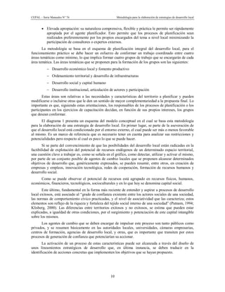 CEPAL – Serie Manuales N° 76 Metodología para la elaboración de estrategias de desarrollo local
10
· Elevada apropiación: su naturaleza comprensiva, flexible y práctica le permite ser rápidamente
apropiada por el agente planificador. Esto permite que los procesos de planificación sean
realizados preferentemente por los propios encargados del tema a nivel local minimizando la
participación de consultores o expertos externos.
La metodología se basa en el esquema de planificación integral del desarrollo local, para el
funcionamiento práctico se debe hacer un esfuerzo de conformar un trabajo coordinado entre cuatro
áreas temáticas como mínimo, lo que implica formar cuatro grupos de trabajo que se encargarán de cada
área temática. Las áreas temáticas que se proponen para la formación de los grupos son las siguientes:
- Desarrollo económico local y fomento productivo
- Ordenamiento territorial y desarrollo de infraestructuras
- Desarrollo social y capital humano
- Desarrollo institucional, articulación de actores y participación
Estas áreas son relativas a las necesidades y características del territorio a planificar y pueden
modificarse o incluirse otras que le den un sentido de mayor complementariedad a la propuesta final. Lo
importante es que, siguiendo estas orientaciones, los responsables de los procesos de planificación o los
participantes en los ejercicios de capacitación decidan, en función de sus propios intereses, los grupos
que desean conformar.
El diagrama 1 presenta un esquema del modelo conceptual en el cual se basa esta metodología
para la elaboración de una estrategia de desarrollo local. En primer lugar, se parte de la aseveración de
que el desarrollo local está condicionado por el entorno externo, el cual puede ser más o menos favorable
al mismo. Es un marco de referencia que es necesario tener en cuenta para analizar sus restricciones y
potencialidades pero respecto al cual es poco lo que se puede hacer.
Si se parte del convencimiento de que las posibilidades del desarrollo local están radicadas en la
factibilidad de explotación del potencial de recursos endógenos de un determinado espacio territorial,
una cuestión clave a trabajar es, como se señala en el gráfico, como detectar, utilizar y activar el mismo,
por parte de un conjunto posible de agentes de cambio locales que se proponen alcanzar determinados
objetivos de desarrollo que, genéricamente expresados, se pueden resumir, entre otros, en creación de
empresas y empleos, innovación tecnológica, redes de cooperación, formación de recursos humanos y
desarrollo social.
Como se puede observar el potencial de recursos está agrupado en recursos físicos, humanos,
económicos, financieros, tecnológicos, socioculturales y en lo que hoy se denomina capital social.
Este último, fundamental en la forma más reciente de entender y aspirar a procesos de desarrollo
local exitosos, está asociado al “grado de confianza existente entre los actores sociales de una sociedad,
las normas de comportamiento cívico practicadas, y el nivel de asociatividad que las caracteriza; estos
elementos son reflejo de la riqueza y fortaleza del tejido social interno de una sociedad” (Putnam, 1994;
Klisberg, 2000). Las diferencias entre territorios exitosos y no exitosos, se estima que pueden estar
explicadas, a igualdad de otras condiciones, por el surgimiento y potenciación de este capital intangible
sobre los mismos.
Los agentes de cambio que se deben encargar de impulsar este proceso son tanto públicos como
privados, y se resumen básicamente en las autoridades locales, universidades, cámaras empresarias,
centros de formación, agencias de desarrollo local, y otras, que es importante que transiten por estos
procesos de generación de confianza que potenciarían su accionar.
La activación de un proceso de estas características puede ser alcanzada a través del diseño de
unos lineamientos estratégicos de desarrollo que, en última instancia, se deben traducir en la
identificación de acciones concretas que implementen los objetivos que se hayan propuesto.
 