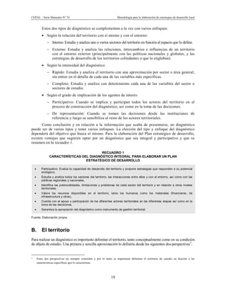 CEPAL – Serie Manuales N° 76 Metodología para la elaboración de estrategias de desarrollo local
19
Estos dos tipos de diagnóstico se complementan a la vez con varios enfoques:
· Según la relación del territorio con sí mismo y con el entorno:
- Interno: Estudia y analiza uno o varios sectores del territorio en función al espacio que lo define.
- Externo: Estudia y analiza las relaciones, intercambios e influencias de un territorio
con el entorno exterior (principalmente con las políticas nacionales y globales, y las
estrategias de desarrollo de los territorios colindantes o que lo engloban).
· Según la intensidad del diagnóstico:
- Rápido: Estudia y analiza el territorio con una aproximación por sector o área general,
sin entrar en el detalle de cada una de las variables más específicas.
- Completo: Estudia y analiza con detenimiento cada una de las variables del sector o
sectores de estudio.
· Según el grado de implicación de los agentes de interés:
- Participativo: Cuando se implica y participan todos los actores del territorio en el
proceso de construcción del diagnóstico, así como en la toma de las decisiones.
- De representación: Cuando se toman las decisiones desde las instituciones de
referencia y luego se sensibiliza al resto de los actores territoriales.
Como conclusión y en relación a la información que acaba de presentarse, un diagnóstico
puede ser de varios tipos y tener varios enfoques. La elección del tipo y enfoque del diagnóstico
dependerá del objetivo que busca el mismo. Para la elaboración del Plan estratégico de desarrollo,
existen ventajas que sugieren optar por un diagnóstico que sea integral y participativo y que se
resumen en la recuadro 1.
RECUADRO 1
CARACTERÍSTICAS DEL DIAGNÓSTICO INTEGRAL PARA ELABORAR UN PLAN
ESTRATÉGICO DE DESARROLLO
· Participativo. Evalúa la capacidad de desarrollo del territorio y propone estrategias que responden a su potencial
endógeno,
· Estudia y analiza todos los sectores del territorio, las interacciones entre ellos y con el entorno, así como con las
políticas regionales y nacionales,
· Identifica las potencialidades, limitaciones y problemas de cada sector del territorio y en relación a otros niveles
territoriales,
· Valora los recursos disponibles en el territorio, tanto los humanos como los materiales (financieros, de
infraestructura y otros),
· Cuenta con el apoyo y participación de los diferentes actores territoriales en las diferentes etapas así como en la
toma de las decisiones,
· Garantiza la apropiación del diagnóstico como instrumento de gestión territorial.
Fuente: Elaboración propia.
B. El territorio
Para realizar un diagnóstico es importante delimitar el territorio, tanto conceptualmente como en su condición
de objeto de estudio. Una primera y sencilla aproximación lo definiría desde las siguientes dos perspectivas1
:
1 Estas dos perspectivas no siempre coinciden y por lo tanto es importante delimitar el territorio de estudio en función a las
características específicas que lo caracterizan.
 