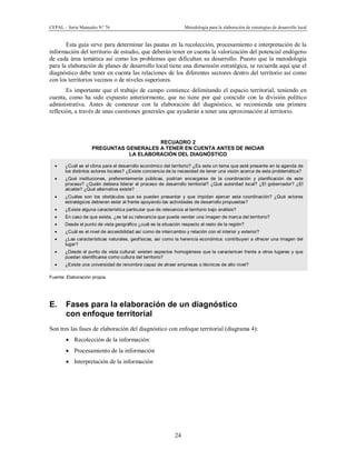 CEPAL – Serie Manuales N° 76 Metodología para la elaboración de estrategias de desarrollo local
24
Esta guía sirve para determinar las pautas en la recolección, procesamiento e interpretación de la
información del territorio de estudio, que deberán tener en cuenta la valorización del potencial endógeno
de cada área temática así como los problemas que dificultan su desarrollo. Puesto que la metodología
para la elaboración de planes de desarrollo local tiene una dimensión estratégica, se recuerda aquí que el
diagnóstico debe tener en cuenta las relaciones de los diferentes sectores dentro del territorio así como
con los territorios vecinos o de niveles superiores.
Es importante que el trabajo de campo comience delimitando el espacio territorial, teniendo en
cuenta, como ha sido expuesto anteriormente, que no tiene por qué coincidir con la división político
administrativa. Antes de comenzar con la elaboración del diagnóstico, se recomienda una primera
reflexión, a través de unas cuestiones generales que ayudarán a tener una aproximación al territorio.
RECUADRO 2
PREGUNTAS GENERALES A TENER EN CUENTA ANTES DE INICIAR
LA ELABORACIÓN DEL DIAGNÓSTICO
· ¿Cuál es el clima para el desarrollo económico del territorio? ¿Es este un tema que esté presente en la agenda de
los distintos actores locales? ¿Existe conciencia de la necesidad de tener una visión acerca de esta problemática?
· ¿Qué instituciones, preferentemente públicas, podrían encargarse de la coordinación y planificación de este
proceso? ¿Quién debiera liderar el proceso de desarrollo territorial? ¿Qué autoridad local? ¿El gobernador? ¿El
alcalde? ¿Qué alternativa existe?
· ¿Cuáles son los obstáculos que se pueden presentar y que impidan ejercer esta coordinación? ¿Qué actores
estratégicos debieran estar al frente apoyando las actividades de desarrollo propuestas?
· ¿Existe alguna característica particular que de relevancia al territorio bajo análisis?
· En caso de que exista, ¿es tal su relevancia que puede vender una imagen de marca del territorio?
· Desde el punto de vista geográfico ¿cuál es la situación respecto al resto de la región?
· ¿Cuál es el nivel de accesibilidad así como de intercambio y relación con el interior y exterior?
· ¿Las características naturales, geofísicas, así como la herencia económica: contribuyen a ofrecer una imagen del
lugar?
· ¿Desde el punto de vista cultural: existen aspectos homogéneos que la caractericen frente a otros lugares y que
puedan identificarse como cultura del territorio?
· ¿Existe una universidad de renombre capaz de atraer empresas o técnicos de alto nivel?
Fuente: Elaboración propia.
E. Fases para la elaboración de un diagnóstico
con enfoque territorial
Son tres las fases de elaboración del diagnóstico con enfoque territorial (diagrama 4):
· Recolección de la información
· Procesamiento de la información
· Interpretación de la información
 