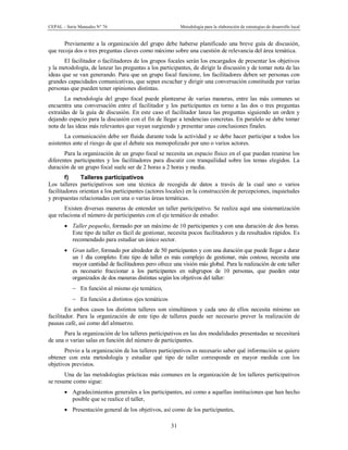 CEPAL – Serie Manuales N° 76 Metodología para la elaboración de estrategias de desarrollo local
31
Previamente a la organización del grupo debe haberse planificado una breve guía de discusión,
que recoja dos o tres preguntas claves como máximo sobre una cuestión de relevancia del área temática.
El facilitador o facilitadores de los grupos focales serán los encargados de presentar los objetivos
y la metodología, de lanzar las preguntas a los participantes, de dirigir la discusión y de tomar nota de las
ideas que se van generando. Para que un grupo focal funcione, los facilitadores deben ser personas con
grandes capacidades comunicativas, que sepan escuchar y dirigir una conversación constituida por varias
personas que pueden tener opiniones distintas.
La metodología del grupo focal puede plantearse de varias maneras, entre las más comunes se
encuentra una conversación entre el facilitador y los participantes en torno a las dos o tres preguntas
extraídas de la guía de discusión. En este caso el facilitador lanza las preguntas siguiendo un orden y
dejando espacio para la discusión con el fin de llegar a tendencias concretas. En paralelo se debe tomar
nota de las ideas más relevantes que vayan surgiendo y presentar unas conclusiones finales.
La comunicación debe ser fluida durante toda la actividad y se debe hacer participar a todos los
asistentes ante el riesgo de que el debate sea monopolizado por uno o varios actores.
Para la organización de un grupo focal se necesita un espacio físico en el que puedan reunirse los
diferentes participantes y los facilitadores para discutir con tranquilidad sobre los temas elegidos. La
duración de un grupo focal suele ser de 2 horas a 2 horas y media.
f) Talleres participativos
Los talleres participativos son una técnica de recogida de datos a través de la cual uno o varios
facilitadores orientan a los participantes (actores locales) en la construcción de percepciones, inquietudes
y propuestas relacionadas con una o varias áreas temáticas.
Existen diversas maneras de entender un taller participativo. Se realiza aquí una sistematización
que relaciona el número de participantes con el eje temático de estudio:
· Taller pequeño, formado por un máximo de 10 participantes y con una duración de dos horas.
Este tipo de taller es fácil de gestionar, necesita pocos facilitadores y da resultados rápidos. Es
recomendado para estudiar un único sector.
· Gran taller, formado por alrededor de 50 participantes y con una duración que puede llegar a durar
un 1 día completo. Este tipo de taller es más complejo de gestionar, más costoso, necesita una
mayor cantidad de facilitadores pero ofrece una visión más global. Para la realización de este taller
es necesario fraccionar a los participantes en subgrupos de 10 personas, que pueden estar
organizados de dos maneras distintas según los objetivos del taller:
- En función al mismo eje temático,
- En función a distintos ejes temáticos
En ambos casos los distintos talleres son simultáneos y cada uno de ellos necesita mínimo un
facilitador. Para la organización de este tipo de talleres puede ser necesario prever la realización de
pausas café, así como del almuerzo.
Para la organización de los talleres participativos en las dos modalidades presentadas se necesitará
de una o varias salas en función del número de participantes.
Previo a la organización de los talleres participativos es necesario saber qué información se quiere
obtener con esta metodología y estudiar qué tipo de taller corresponde en mayor medida con los
objetivos previstos.
Una de las metodologías prácticas más comunes en la organización de los talleres participativos
se resume como sigue:
· Agradecimientos generales a los participantes, así como a aquellas instituciones que han hecho
posible que se realice el taller,
· Presentación general de los objetivos, así como de los participantes,
 