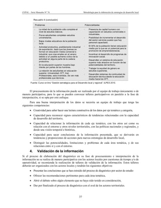 CEPAL – Serie Manuales N° 76 Metodología para la elaboración de estrategias de desarrollo local
37
Recuadro 4 (conclusión)
Problemas Potencialidades
- La mitad de la población sólo completa el
nivel de estudios básicos.
- Pocos estudiantes completan estudios
universitarios.
- Bajos niveles educativos de la población
local.
- Actividad productiva, posiblemente industrial
de exportación, dado que los jóvenes se
forman en educación media comercial e
industrial, que crea empleo en el verano
debido a un posible aumento cíclico de la
actividad en alguna parte de la cadena
productiva.
- En la educación superior muestra bajo
interés por partes de los hombres.
- La relación de estudiantes en educación
superior, Universidad, CFT, Inst.
Profesionales, esta invertidos. Se ven más
profesionales que técnicos.
- Presencia de capital humano con
capacitación en estudios comerciales e
industriales.
- Posibilidad de incrementar el desarrollo
del sector servicios puesto que hay
personal capacitado.
- El 30% de la población tienen educación
media por lo que es un potencial para la
promoción de emprendedores/as.
- Incentivar el desarrollo de programas de
innovación social.
- Desarrollar un sistema de educación
superior más atractivo en función de las
potencialidades del territorio.
- Trabajar la equidad de género en
estudios superiores.
- Desarrollar sistemas de continuidad de
educación técnica desde la educación
media hacia los CFT.
Fuente: Curso on-line “Gestión estratégica para el Desarrollo local y regional”, ILPES 2010.
El procesamiento de la información puede ser realizado por el equipo de trabajo únicamente o de
manera participativa, para lo que se pueden convocar talleres participativos en paralelo a la fase de
interpretación, si se opta por este enfoque.
Para una buena interpretación de los datos se necesita un equipo de trabajo que tenga las
siguientes competencias:
· Creatividad para saber hacer una lectura constructiva de los datos por eje temático y categoría,
· Capacidad para reconocer signos característicos de tendencias relacionadas con la capacidad
de desarrollo del territorio,
· Capacidad de relacionar la información de cada eje temático, con los otros así como su
relación con el entorno y otros niveles territoriales, con las políticas nacionales y regionales, y
desde una visión temporal e histórica,
· Capacidad para sacar conclusiones de la información presentada, que se derivarán en
tendencias y proposiciones de acciones para nuevas estrategias de desarrollo local,
· Distinguir las potencialidades, limitaciones y problemas de cada área temática, y de sus
relaciones entre sí y con el entorno.
4. Validación de la información
Si el proceso de elaboración del diagnóstico en su fase de procesamiento e interpretación de la
información no se realiza de manera participativa con los actores locales por cuestiones de tiempo y/o de
operatividad, se recomienda la realización de talleres de validación de la información. Estos talleres
deberán ser organizados con los actores locales y tendrán los siguientes objetivos:
· Presentar las conclusiones que se han extraído del proceso de diagnóstico por sector de estudio
· Ofrecer las recomendaciones pertinentes para cada área temática,
· Abrir el debate sobre algún elemento que no haya sido tenido en consideración,
· Dar por finalizado el proceso de diagnóstico con el aval de los actores territoriales.
 