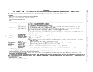 CEPAL–SerieManualesN°76Metodologíaparalaelaboracióndeestrategiasdedesarrollolocal
43
CUADRO 16
GUÍA TEMÁTICA PARA LA ELABORACIÓN DE UN DIAGNÓSTICO TERRITORIAL DESARROLLO INSTITUCIONAL Y CAPITAL SOCIAL
Objetivos: Investigar y conocer las instituciones del territorio y su articulación con otros niveles territoriales así como con los actores locales
Participantes:
- Instituciones locales, regionales y nacionales representadas en el territorio
- Asociaciones de participación política o movilización ciudadana
- Líderes comunales y autoridades locales
- Otros
Temas Objetivos Preguntas centrales
Gestión pública local
Identificar
específicamente qué
características tiene la
gestión del gobierno
local.
1. ¿Cómo se organiza la institucionalidad municipal? a
2. ¿Cómo es la organización territorial del municipio? b
3. ¿Cuáles servicios públicos están presentes en el territorio?
4. ¿El municipio induce la participación comunitaria en las decisiones municipales?, ¿Promueve la educación ciudadana para ello? c
5. ¿Qué aspectos hace énfasis el plan de desarrollo comunal actual?
6. ¿Se puede extraer alguna conclusión acerca del estilo de planificación y de gestión implícito en el plan de desarrollo comunal?
7. La inversión y el gasto público y privado se ha orientado de acuerdo al plan de desarrollo comunal
8. Cada cuanto tiempo se rinde cuenta a la comunidad y bajo cuales modalidades?
Presupuesto:
Situación fiscal del
Municipio
Reconocer fuentes de
financiamiento del
municipio y su situación
en el último ejercicio
1. ¿Qué instituciones nacionales y regionales financian proyectos en la comuna? ¿Cuales financian programas sociales? ¿Cuánto financia el
municipio con recursos propios?
2. ¿Construya una tabla que indique las fuentes de recursos propios, las subvenciones, los recursos estatales, otros ingresos e ingresos de
los servicios públicos nacionales en el municipio? d
3. ¿Qué porcentaje de esos ingresos se destinan a inversión?, ¿Qué tipo de inversión?
4. ¿Qué ocurre con los gastos?
5. ¿Se puede hablar de autonomía institucional, fiscal y financiera en el municipio?
5. ¿El municipio está en condiciones de ser protagonista de su propio desarrollo con los recursos que cuenta el Municipio y la administración
que se hace de ellos?
Tejido institucional :
articulación y
respuestas a la
comunidad
Describir las
condiciones en que se
encuentra el tejido
institucional local,
teniendo en cuenta el
término conceptual
“gobernanza” e
1. Identificar los principales actores locales en el territorio y sus relaciones f
2. ¿Es el Alcalde un líder en la comunidad? ¿Cómo caracterizaría ese liderazgo?, ¿Articula actores locales?
3. ¿Cuál es la tasa de organización comunitaria en relación con la tasa regional?
4. ¿Cuáles son los perfiles de esos actores?
Establecer características de la articulación interinstitucional que se lleva a cabo en el Municipio g
5. Identificar las instancias de articulación y coordinación entre niveles de Estado y instituciones presentes en el territorio.
Fuente: Elaboración propia.
a
Revisión de aspectos del organigrama como: cantidad de funcionarios, niveles jerárquicos, dependencias, etc.
b
Existencia de delegados por localidades, representantes vecinales, etc.
c
En este tema puede obtenerse información sobre los planes educacionales a nivel municipal y mediante la ejecución de programas de capacitación o educación en el tema.
d
Anexo, cuadro de análisis presupuestario.
e
La palabra inglesa governance comienza a utilizarse a partir de los 90, para designar un nuevo estilo de gobierno, distinto del modelo de control jerárquico, caracterizado por un
mayor grado de cooperación y por la interacción entre el Estado y los actores no estatales en el interior de redes decisionales mixtas entre lo público y lo privado (Mayntz, 2000-
www.iigov.org/revista nro 7.
f
Anexo Instituciones y actores.
g
Anexo instancias de articulación institucional.
 