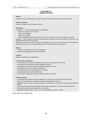CEPAL – Serie Manuales N° 76 Metodología para la elaboración de estrategias de desarrollo local
89
RECUADRO A.2
GRUPOS FOCALES
Objetivo:
Recoger información relacionada con el sector de estudio en una discusión con actores territoriales clave
Resultado esperado:
Información cualitativa, sobre el sector de estudio
Participantes
Facilitador/es: 1 o varias personas del grupo, encargadas de:
- Presentar los objetivos de la actividad,
- Explicar la metodología,
- Abrir y guiar el debate,
- Realizar preguntas complementarias para orientar la comunicación en función de los objetivos marcados
Ayudante: 1 o varios miembros del grupo responsables de ir apuntando las líneas principales de la discusión y las
conclusiones que se crean en una pizarra
Secretario/s: El resto de los miembros del grupo, encargados de tomar nota de la información que se va produciendo
Actores territoriales: de 8 a 10 representantes técnicos y/o conocedores del sector de estudio
Material:
- Una pizarra, marcadores, hojas en blanco y bolígrafos
- Una sala con capacidad para todos los participantes
Logística:
Asegurar la asistencia de los participantes
Procedimiento metodológico:
- El responsable del grupo expone los objetivos y resultados que se esperan de la actividad
- Se presentan tres cuestiones para debatir, elegidas previamente
- Cada cuestión será tratada de manera independiente siguiendo un orden
- El facilitador dará el turno de palabra a los asistentes
- Los ayudantes anotan las ideas generales en una pizarra
- Los secretarios toman nota de las discusiones
- Se crean unas conclusiones construidas en base a la discusión colectiva
Consejos prácticos:
- Es importante hacer participar a todos los asistentes y no dejar que la conversación sea monopolizada
- Si alguno de los participantes no participa es importante preguntarle directamente
- El facilitador debe ser creativo y formular preguntas complementarias a las cuestiones lanzadas para dinamizar el
diálogo
- Para que no se extiendan en las respuestas se debe dejar un máximo de 3 minutos por intervención/persona
- No se deben presentar posibles respuestas a las preguntas
- Se debe estar preparado para mediar en caso de que aparezcan posiciones contrarias
Fuente: Elaboración propia del autor.
 