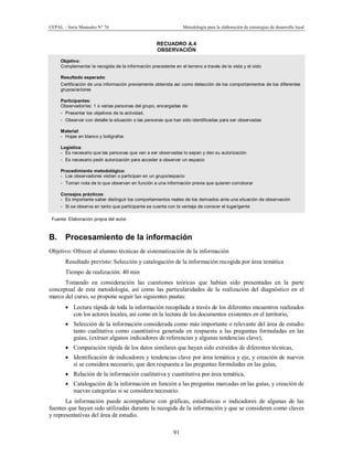 CEPAL – Serie Manuales N° 76 Metodología para la elaboración de estrategias de desarrollo local
91
RECUADRO A.4
OBSERVACIÓN
Objetivo:
Complementar la recogida de la información precedente en el terreno a través de la vista y el oído
Resultado esperado:
Certificación de una información previamente obtenida así como detección de los comportamientos de los diferentes
grupos/actores
Participantes:
Observador/es: 1 o varias personas del grupo, encargadas de:
- Presentar los objetivos de la actividad,
- Observar con detalle la situación o las personas que han sido identificadas para ser observadas
Material:
- Hojas en blanco y bolígrafos
Logística:
- Es necesario que las personas que van a ser observadas lo sepan y den su autorización
- Es necesario pedir autorización para acceder a observar un espacio
Procedimiento metodológico:
- Los observadores visitan o participan en un grupo/espacio
- Toman nota de lo que observan en función a una información previa que quieren corroborar
Consejos prácticos:
- Es importante saber distinguir los comportamientos reales de los derivados ante una situación de observación
- Si se observa en tanto que participante se cuenta con la ventaja de conocer el lugar/gente
Fuente: Elaboración propia del autor.
B. Procesamiento de la información
Objetivo: Ofrecer al alumno técnicas de sistematización de la información
Resultado previsto: Selección y catalogación de la información recogida por área temática
Tiempo de realización: 40 min
Tomando en consideración las cuestiones teóricas que habían sido presentadas en la parte
conceptual de esta metodología, así como las particularidades de la realización del diagnóstico en el
marco del curso, se propone seguir las siguientes pautas:
· Lectura rápida de toda la información recopilada a través de los diferentes encuentros realizados
con los actores locales, así como en la lectura de los documentos existentes en el territorio,
· Selección de la información considerada como más importante o relevante del área de estudio
tanto cualitativa como cuantitativa generada en respuesta a las preguntas formuladas en las
guías, (extraer algunos indicadores de referencias y algunas tendencias clave),
· Comparación rápida de los datos similares que hayan sido extraídos de diferentes técnicas,
· Identificación de indicadores y tendencias clave por área temática y eje, y creación de nuevos
si se considera necesario, que den respuesta a las preguntas formuladas en las guías,
· Relación de la información cualitativa y cuantitativa por área temática,
· Catalogación de la información en función a las preguntas marcadas en las guías, y creación de
nuevas categorías si se considera necesario.
La información puede acompañarse con gráficas, estadísticas o indicadores de algunas de las
fuentes que hayan sido utilizadas durante la recogida de la información y que se consideren como claves
y representativas del área de estudio.
 